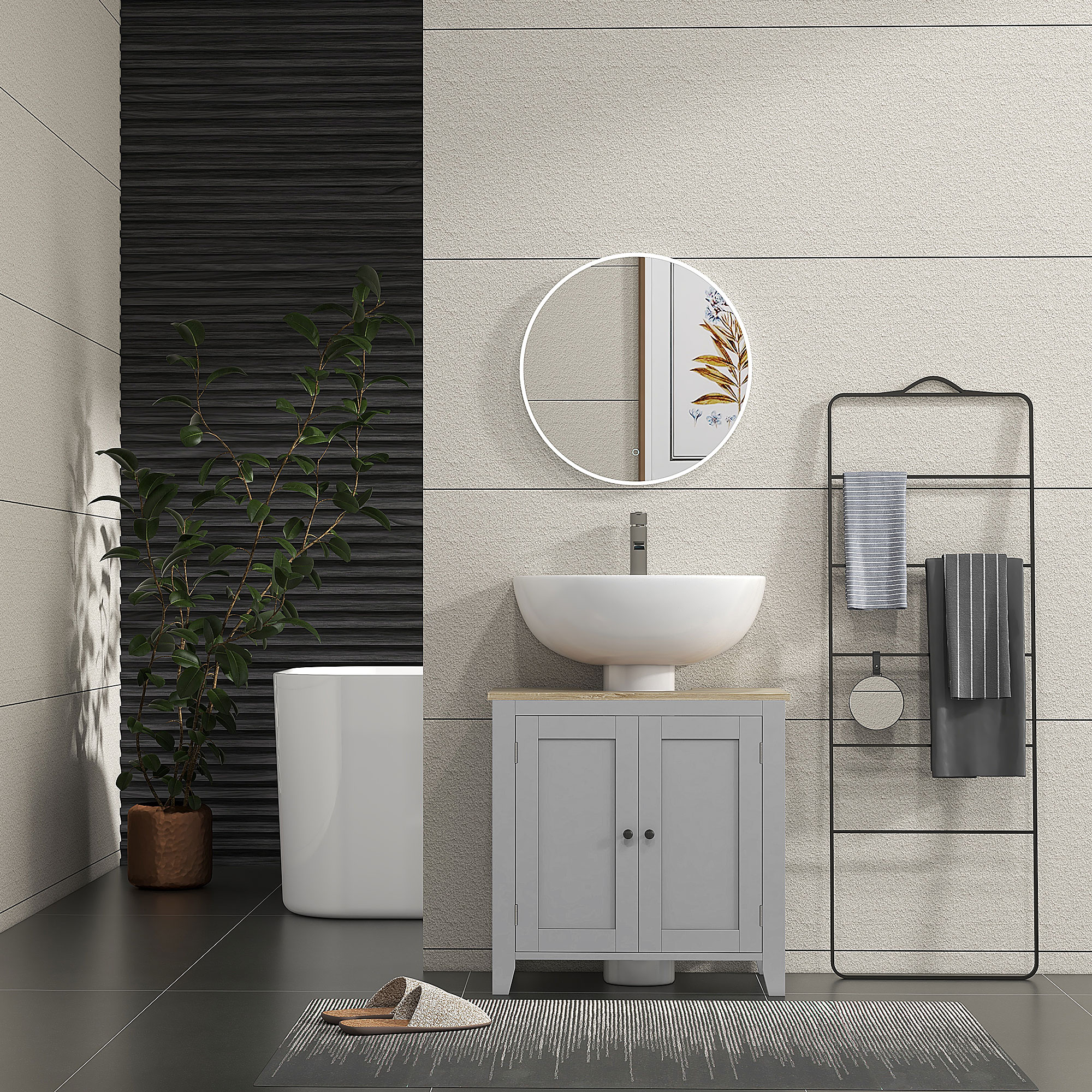 kleankin Under Sink Cabinet, Bathroom Sink Cabinet with 2 Doors, Pedestal Under Sink Design, Freestanding Bathroom Cupboard with Adjustable Shelf, Grey 7