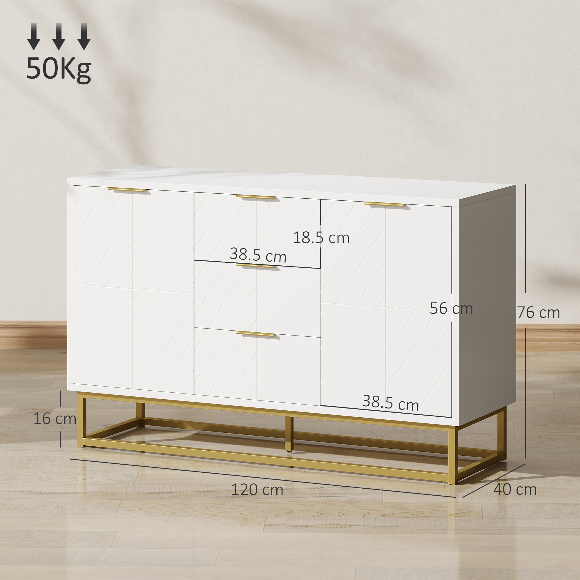 Credenza Buffet 120 Cm Con Luci LED 16 Colori | Mobile Cucina E Soggiorno Con Cassetti E Ante In Acrilico | Bianco Lucido
