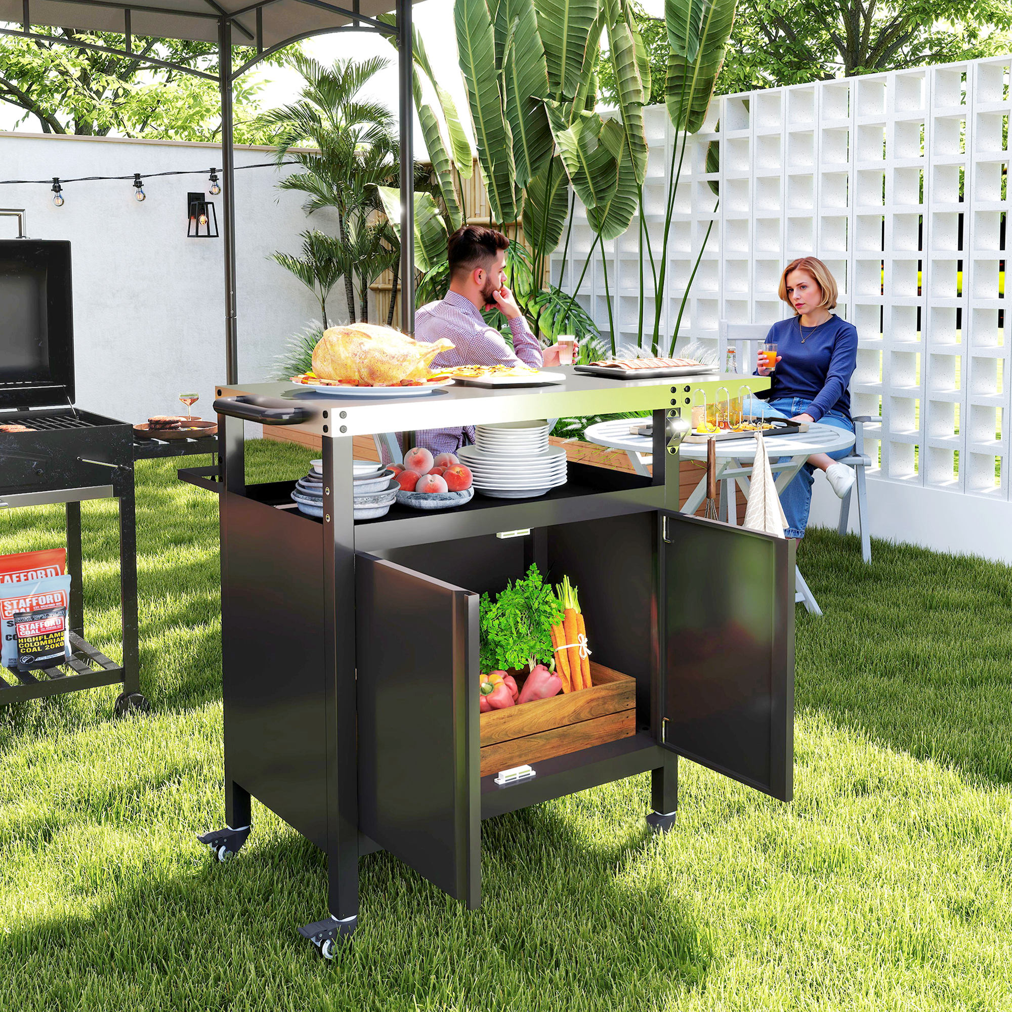 Outsunny Grillwagen 3-Etagen klappbar Servierwagen mit Arbeitsfläche Schran günstig online kaufen