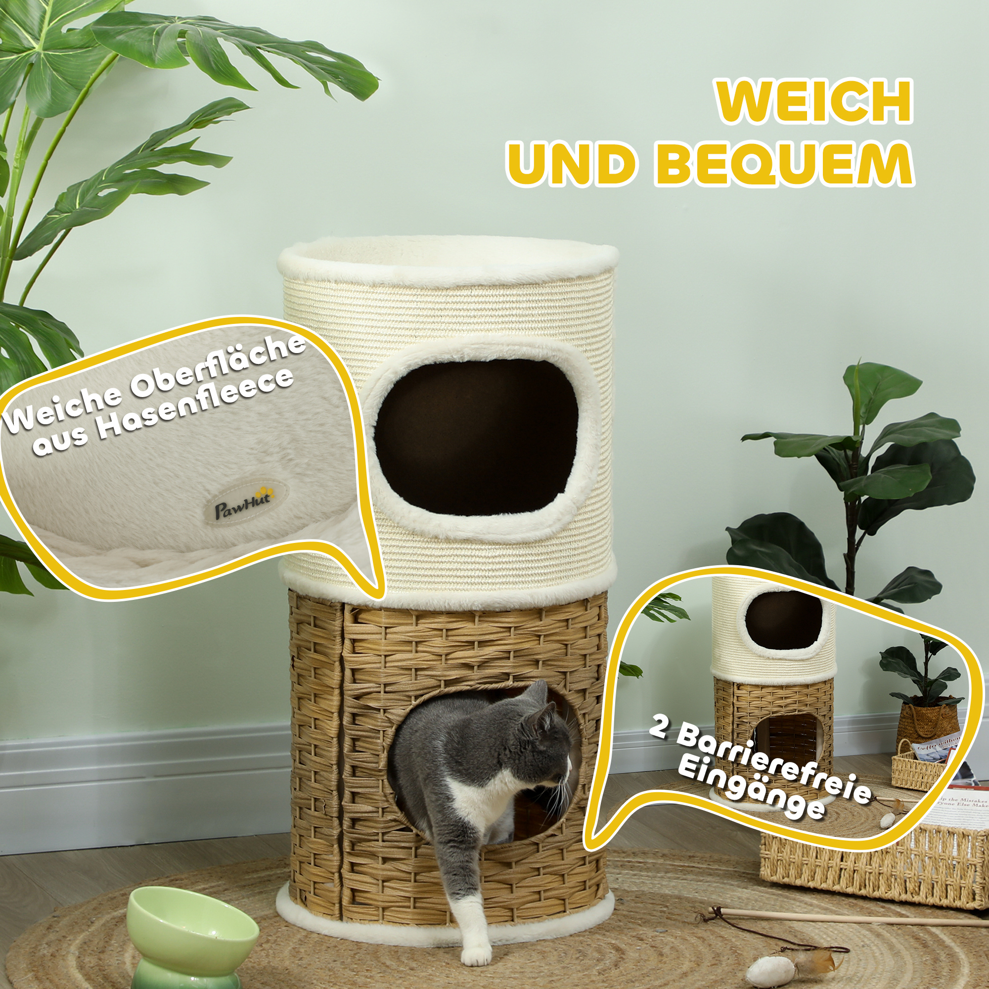 PawHut Krabton voor katten, krabtoren voor katten, 2-laags, van natuurlijk sisal voor 1-2 katten, afmetingen: 35 x 60 cm, bruin