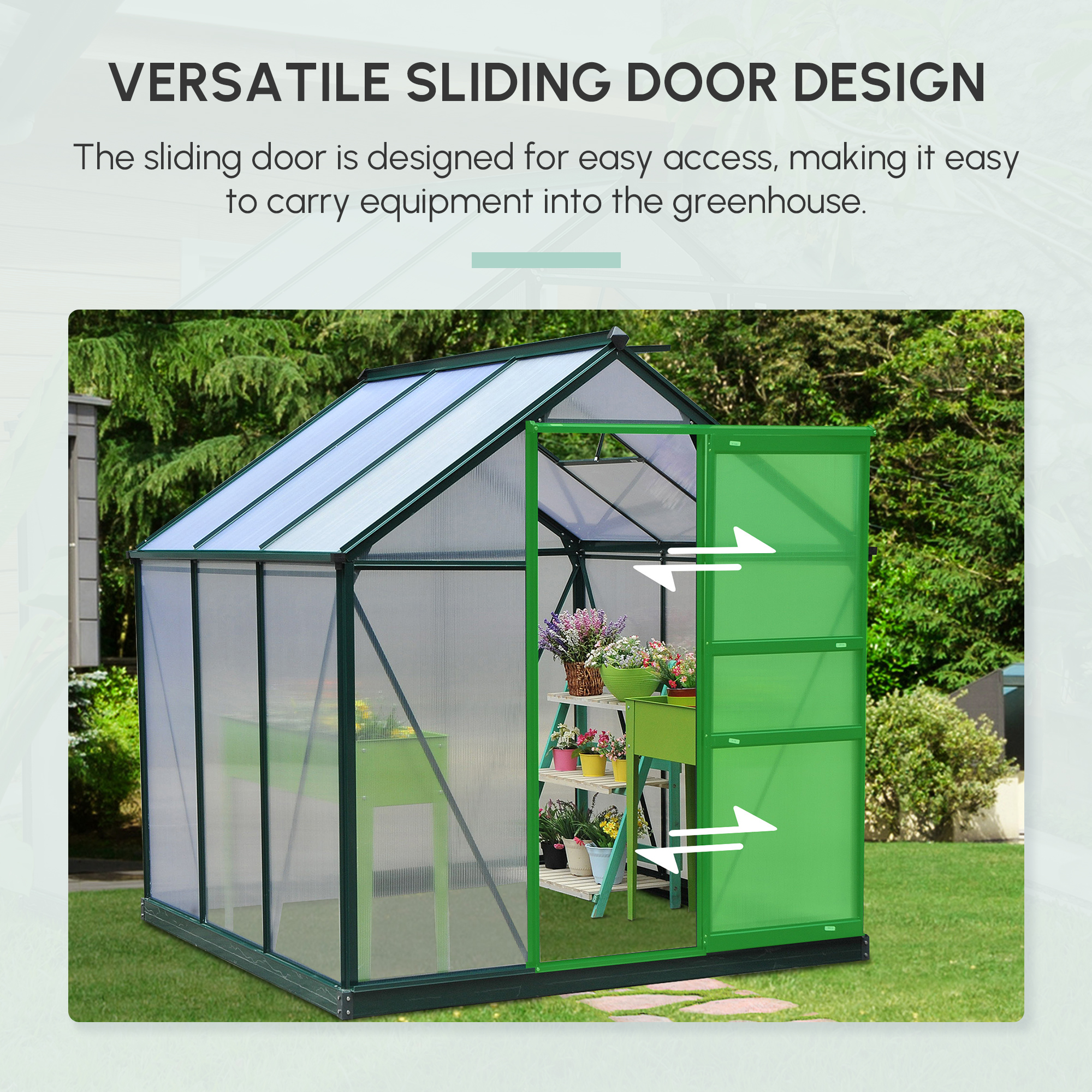 Outsunny 6 x 6ft Polycarbonate Greenhouse, Large Walk-In Green House with Slide Door and Window, Garden Plants Grow House with Aluminium Frame and Foundation, Dark Green 7