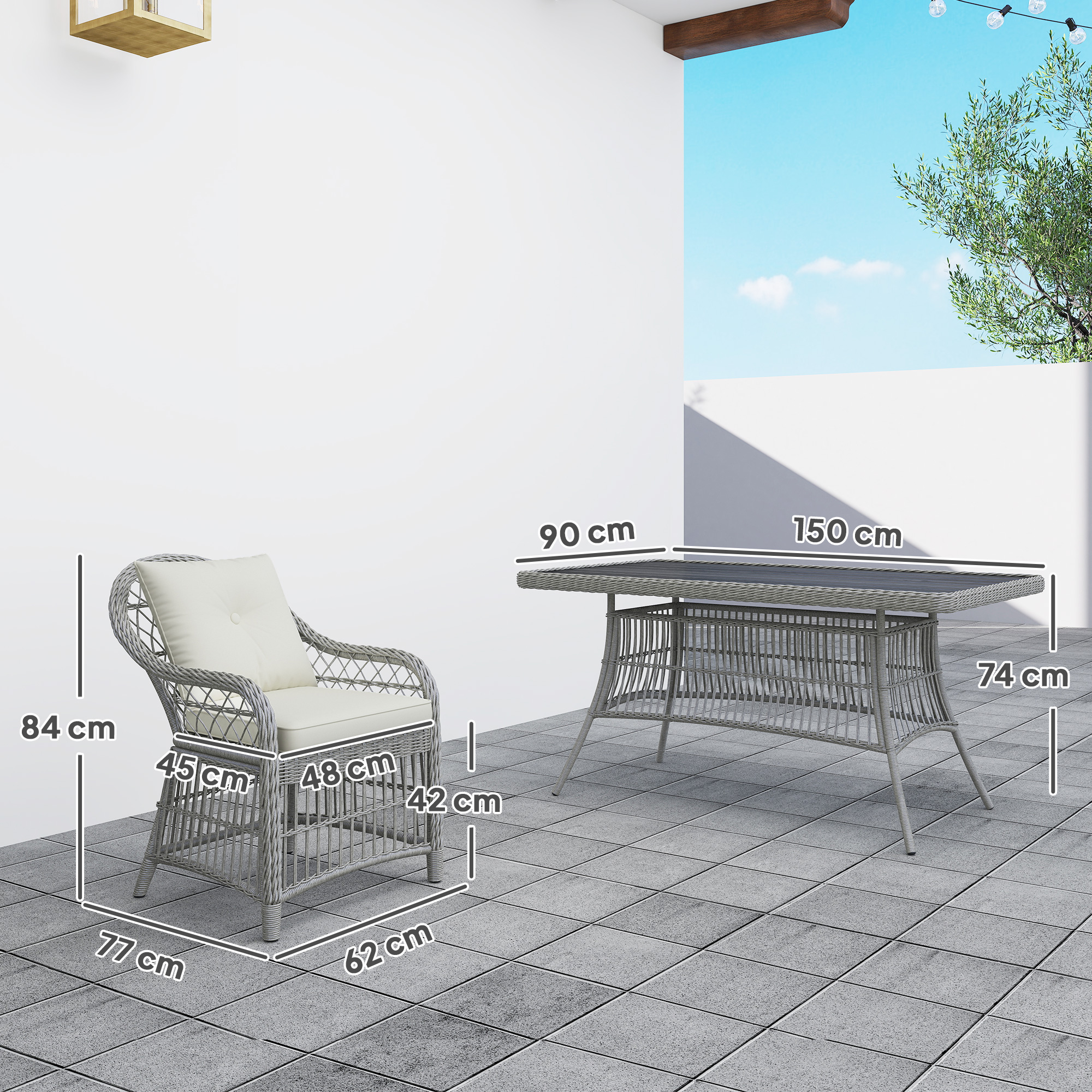 Outsunny Rattan Dining Set with Seat and Back Cushions, 6 Seater Garden Furniture Set with Aluminium Frame, 6 Chairs, WPC Top Rectangle Table, Conservatory Wicker Patio Furniture, Grey 3