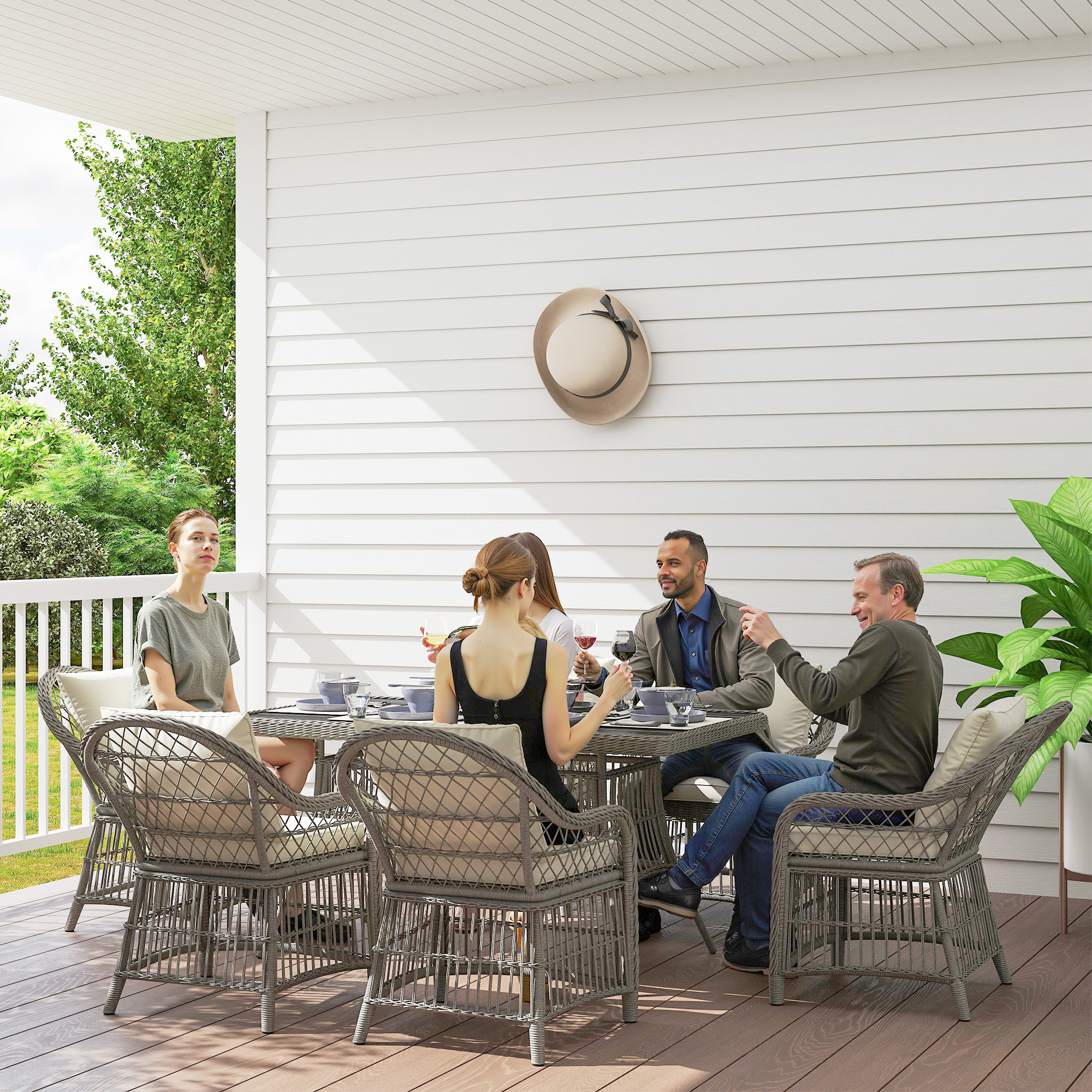 Outsunny Rattan Dining Set with Seat and Back Cushions, 6 Seater Garden Furniture Set with Aluminium Frame, 6 Chairs, WPC Top Rectangle Table, Conservatory Wicker Patio Furniture, Grey 2