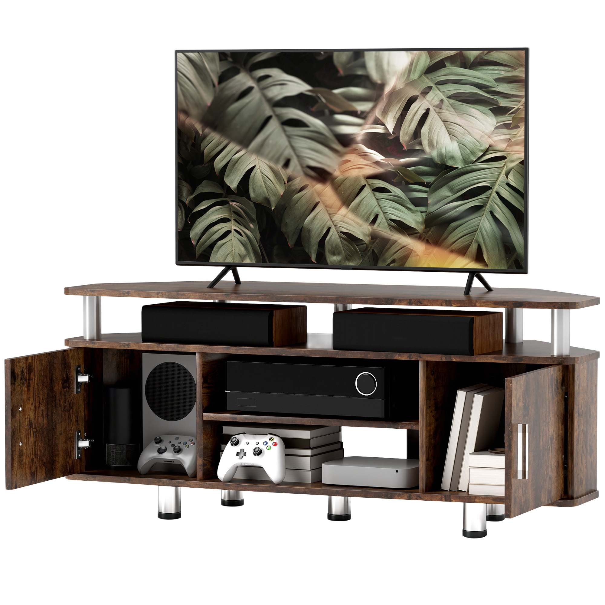 HOMCOM Meuble TV pour téléviseur jusqu'à 55 avec grand plateau, placards à portes et compartiment ouvert, marron