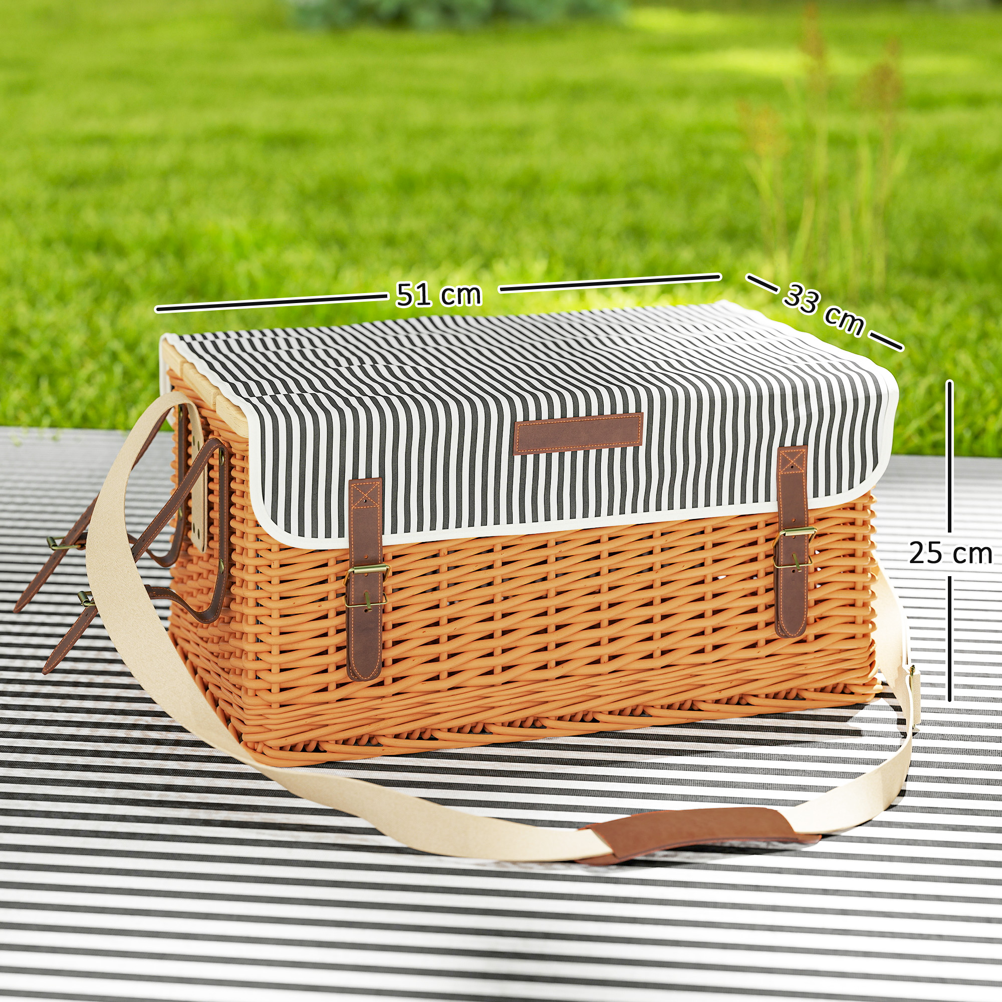 Cestino Da Picnic In Vimini Per 4 Persone - Con Area Frigo, Stoviglie Ceramica, Coperta, Dimensioni 54x34x20 Cm