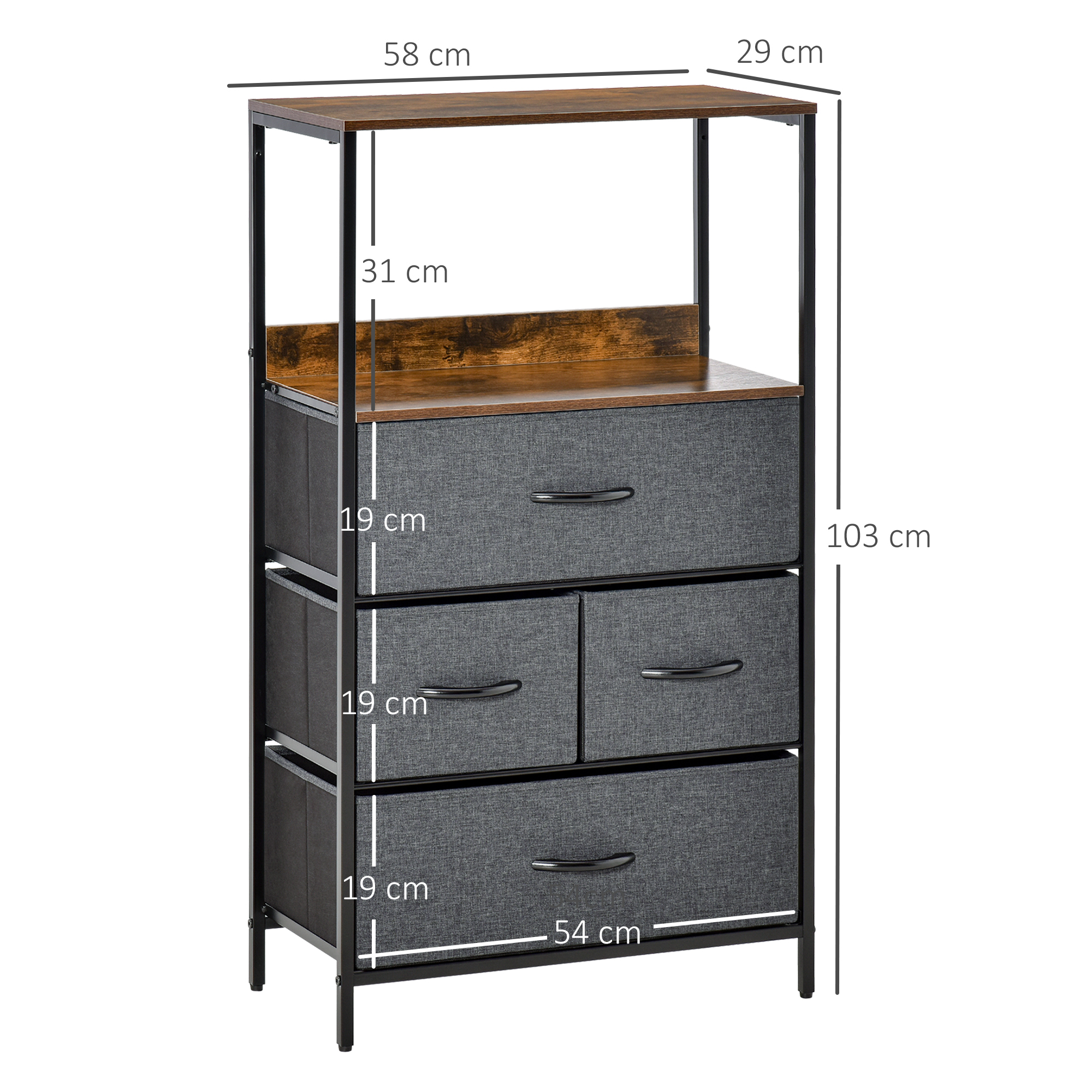 HOMCOM Commode meuble de rangement 5 tiroirs en tissu amovibles et 2 étagères structure acier dim. 58L x 30l x 120H cm noir | France HOMCOM Commode meuble de rangement 5 tiroirs en tissu amovibles et 2 étagères structure acier dim. 58L x 30l x 120H cm noir | France