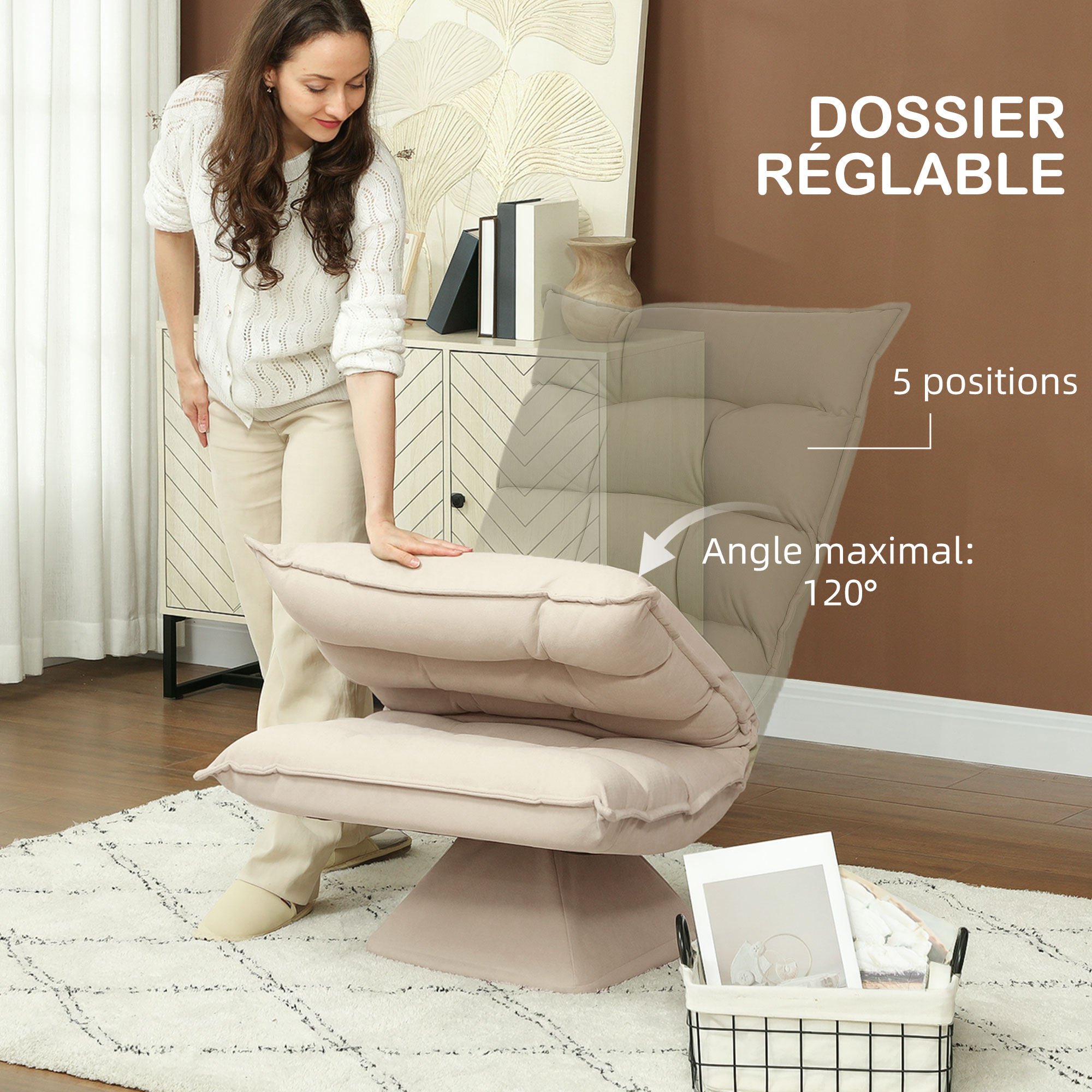 Chaise De Sol Rembourrée LIFEZEAL - Dossier Réglable 14 Positions, Tissu Lin Doux, Pliable, Capacité 150 Kg, Gris