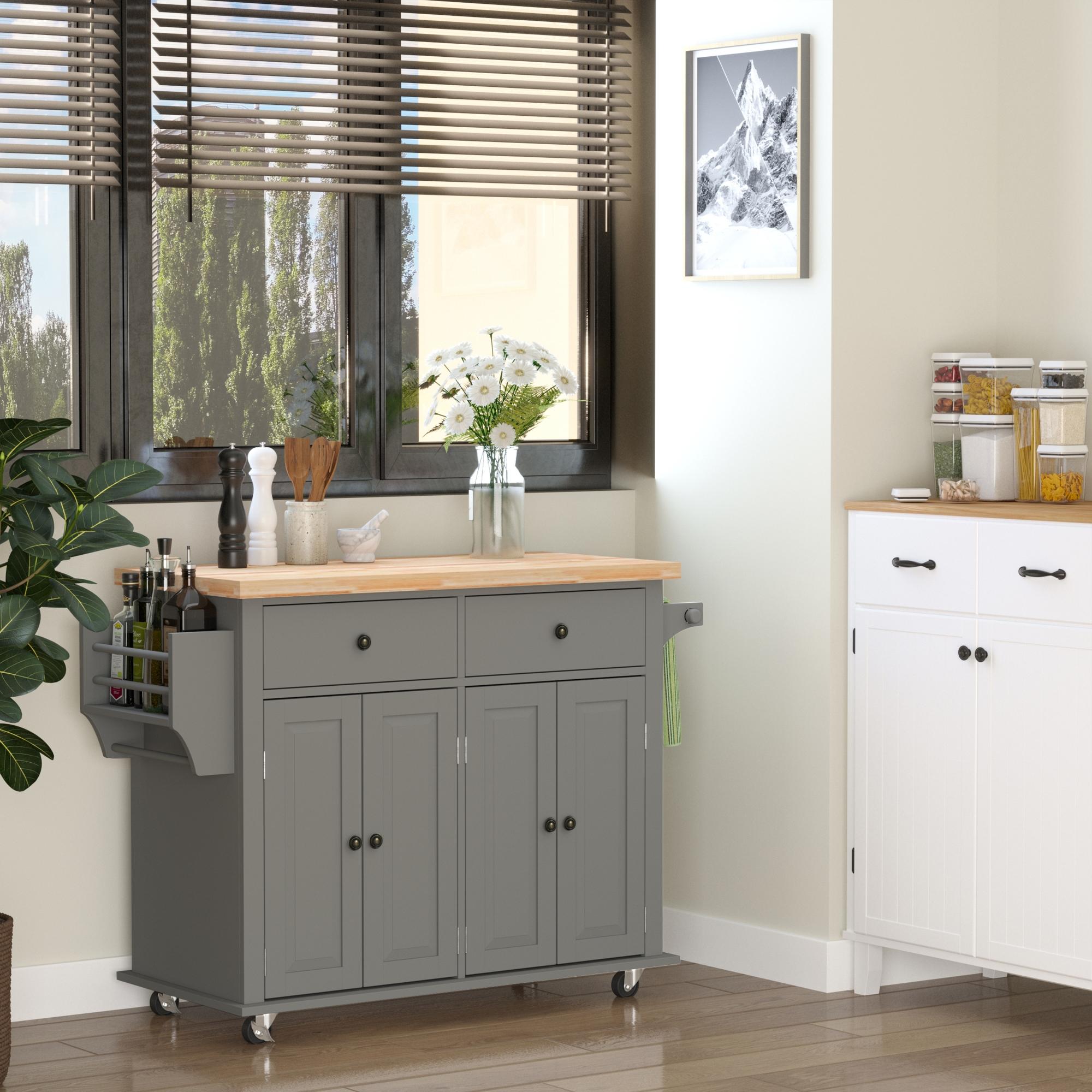 HOMCOM Rolling Kitchen Island Storage Trolley with Rubber Wood Top & Drawers for Dining Room, Grey 2