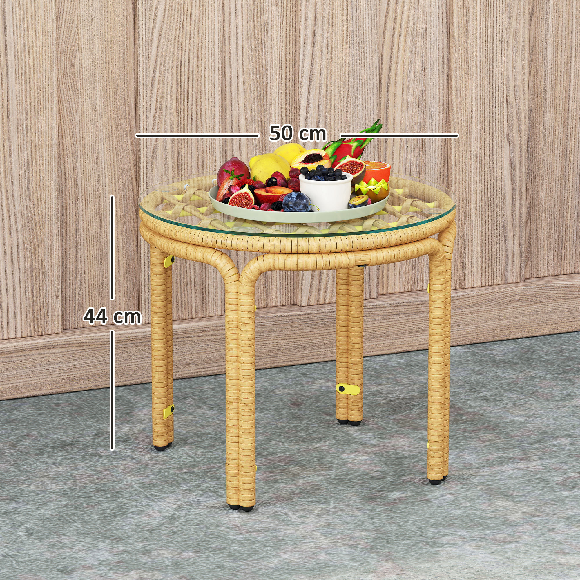 Outsunny Tavolino Da Giardino Rotondo In Rattan Giallo E Vetro - 50x44 Cm, Struttura Acciaio | Per Patio, Terrazzo E Balcone