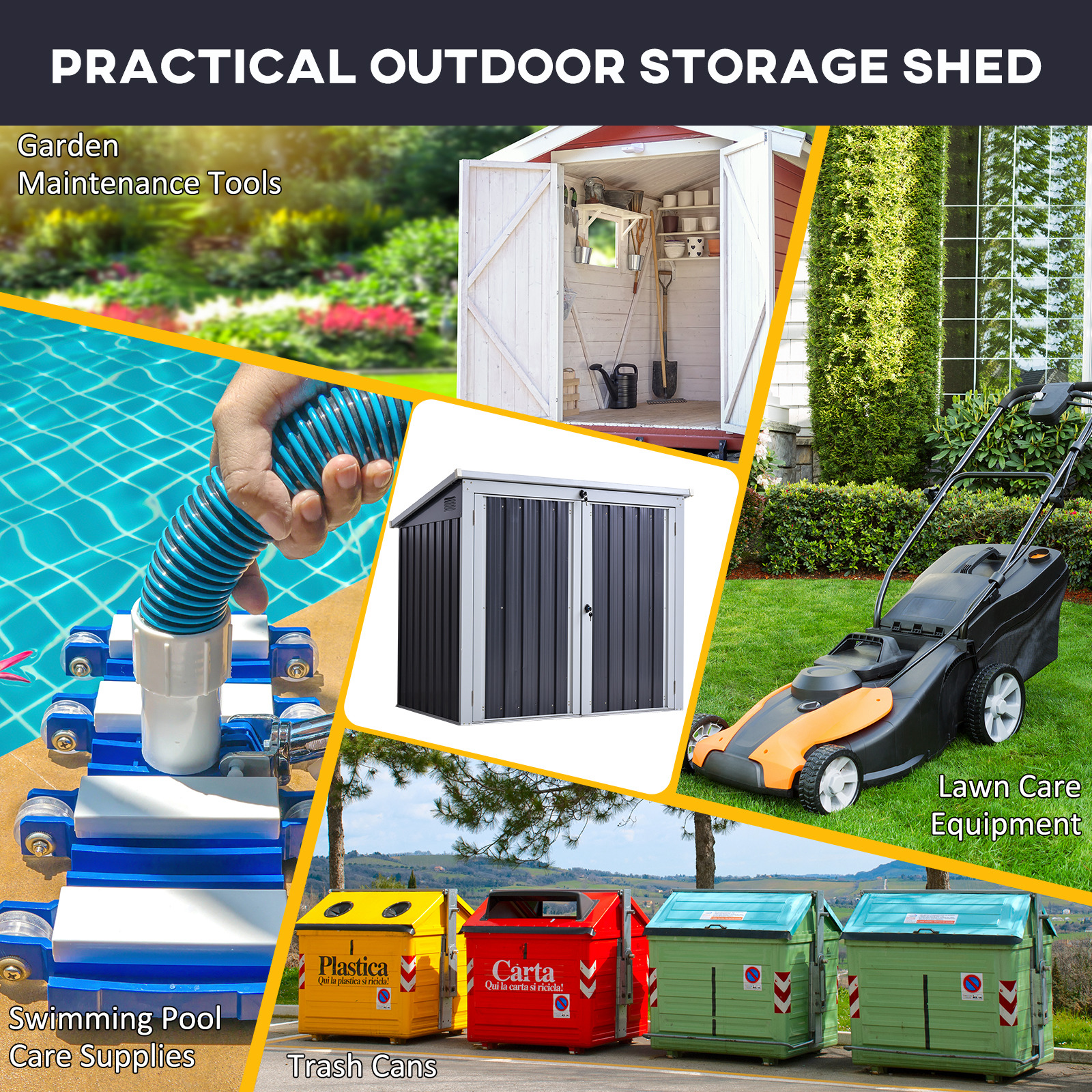 Outsunny 3.2 x 5.1ft Corrugated Steel Two-Bin Storage Shelter Black 4