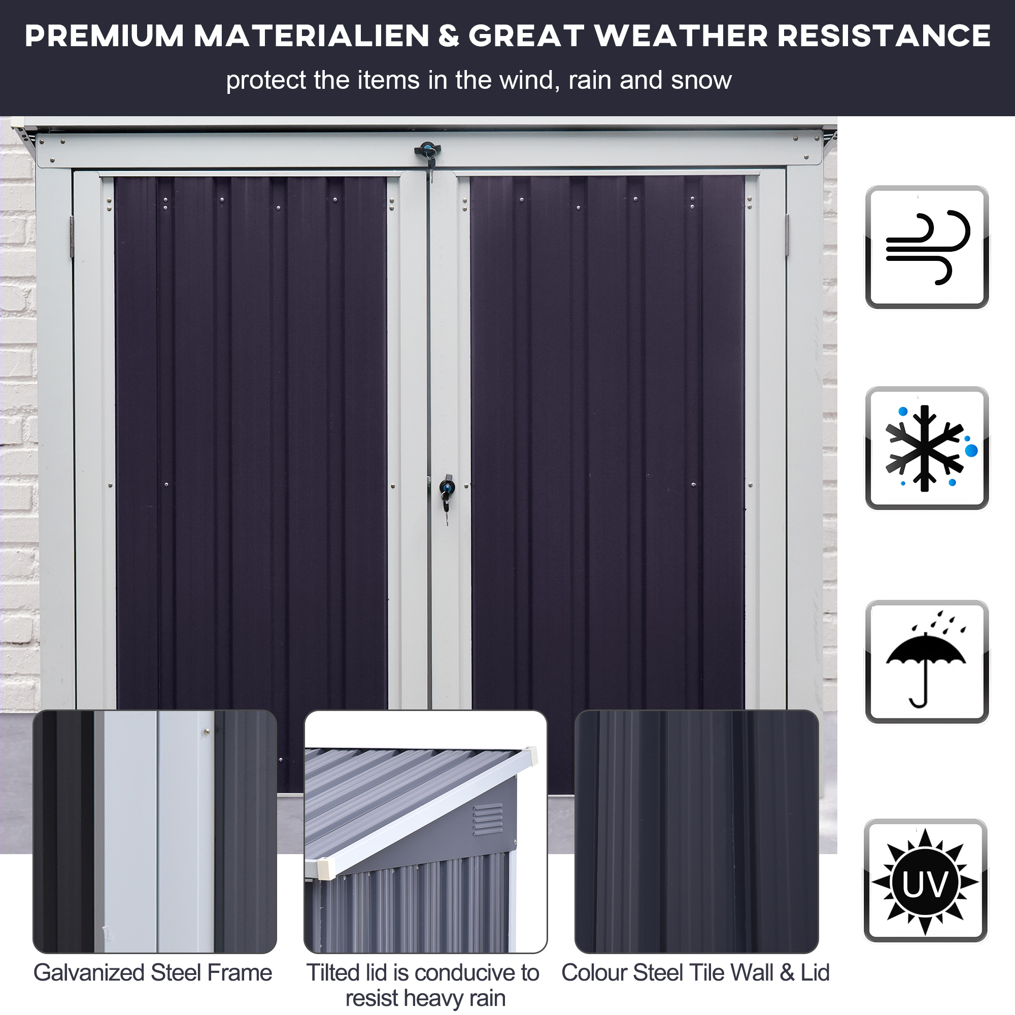 Outsunny 3.2 x 5.1ft Corrugated Steel Two-Bin Storage Shelter Black 6