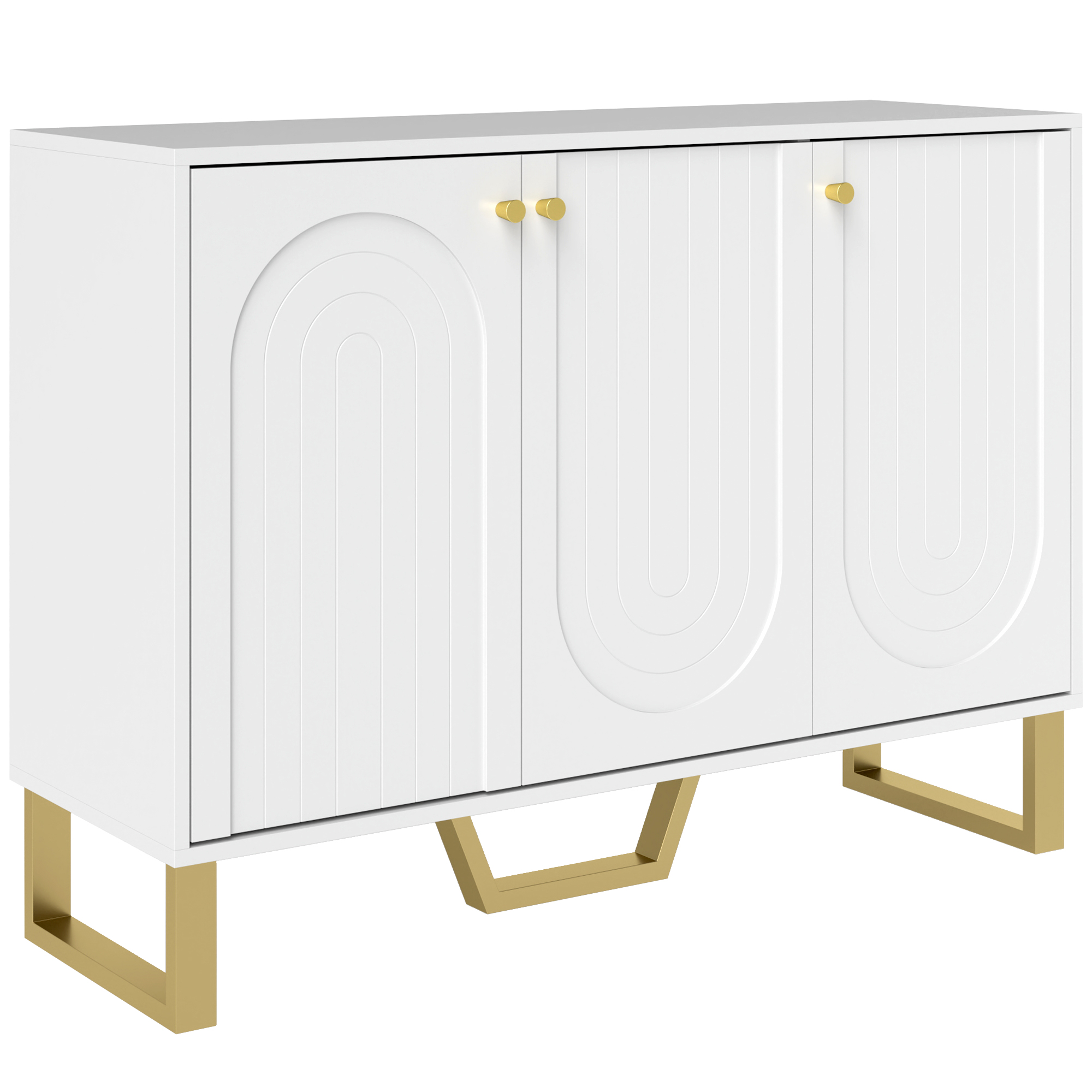 HOMCOM Aparador con 3 Puertas Arqueadas Estantes Ajustables y Patas Doradas 106,5x35x77,5 cm Blanco