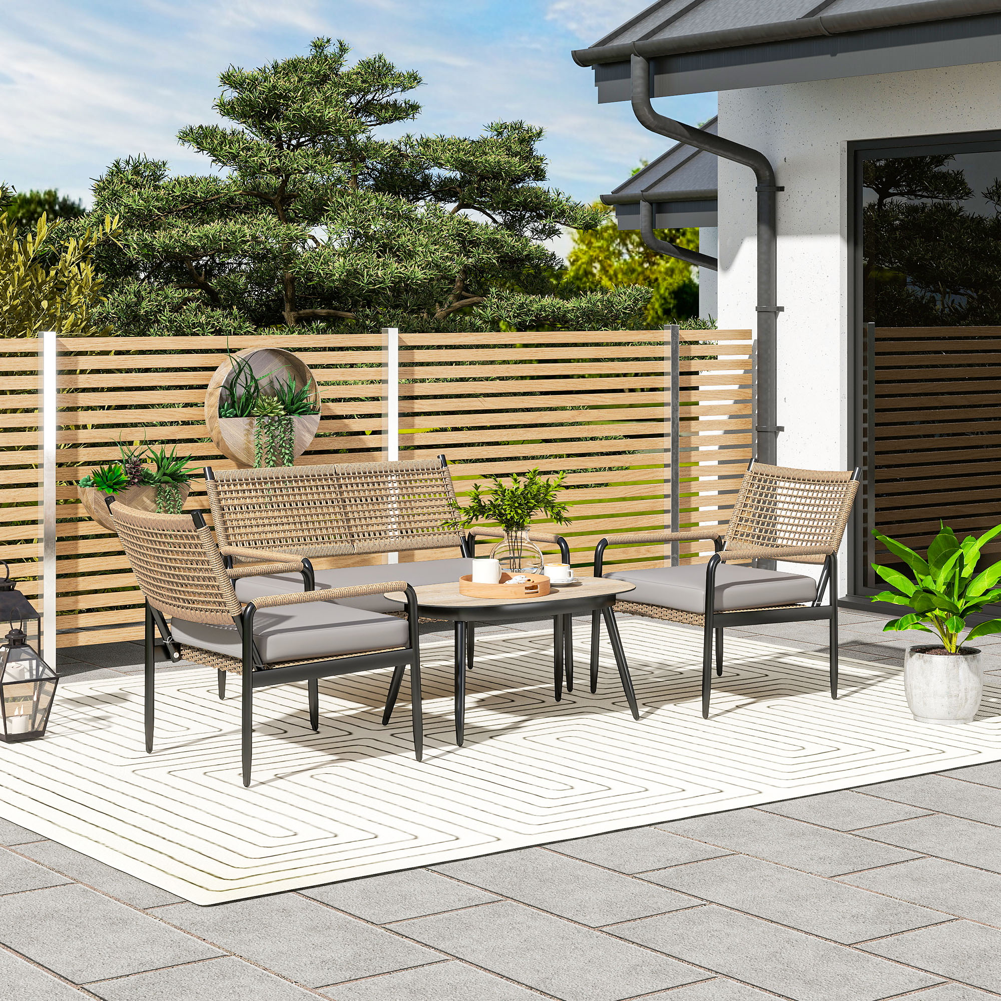 Outsunny Gartenmöbel Set aus Polyrattan Lounge-Set mit 2er Sofa Sessel Glas günstig online kaufen