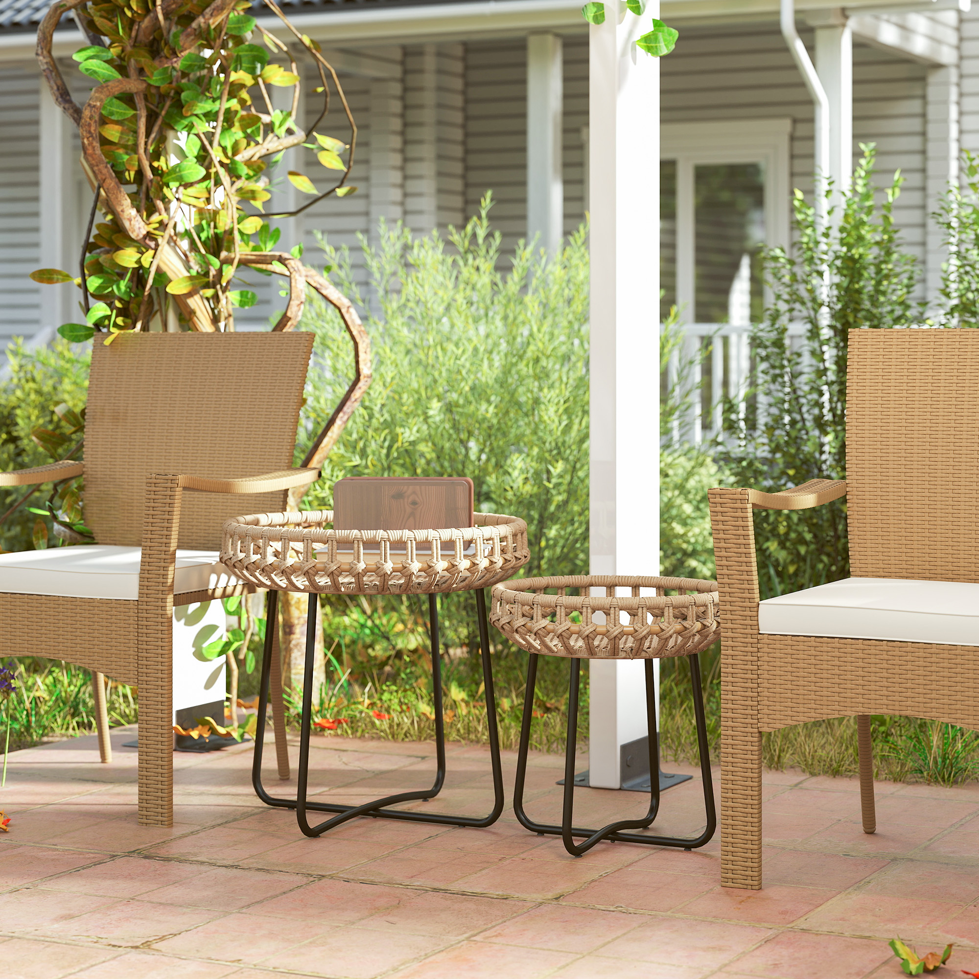Outsunny 2er Set Beistelltisch Polyrattan Ø60/41 cm rund wetterfest Gartent günstig online kaufen