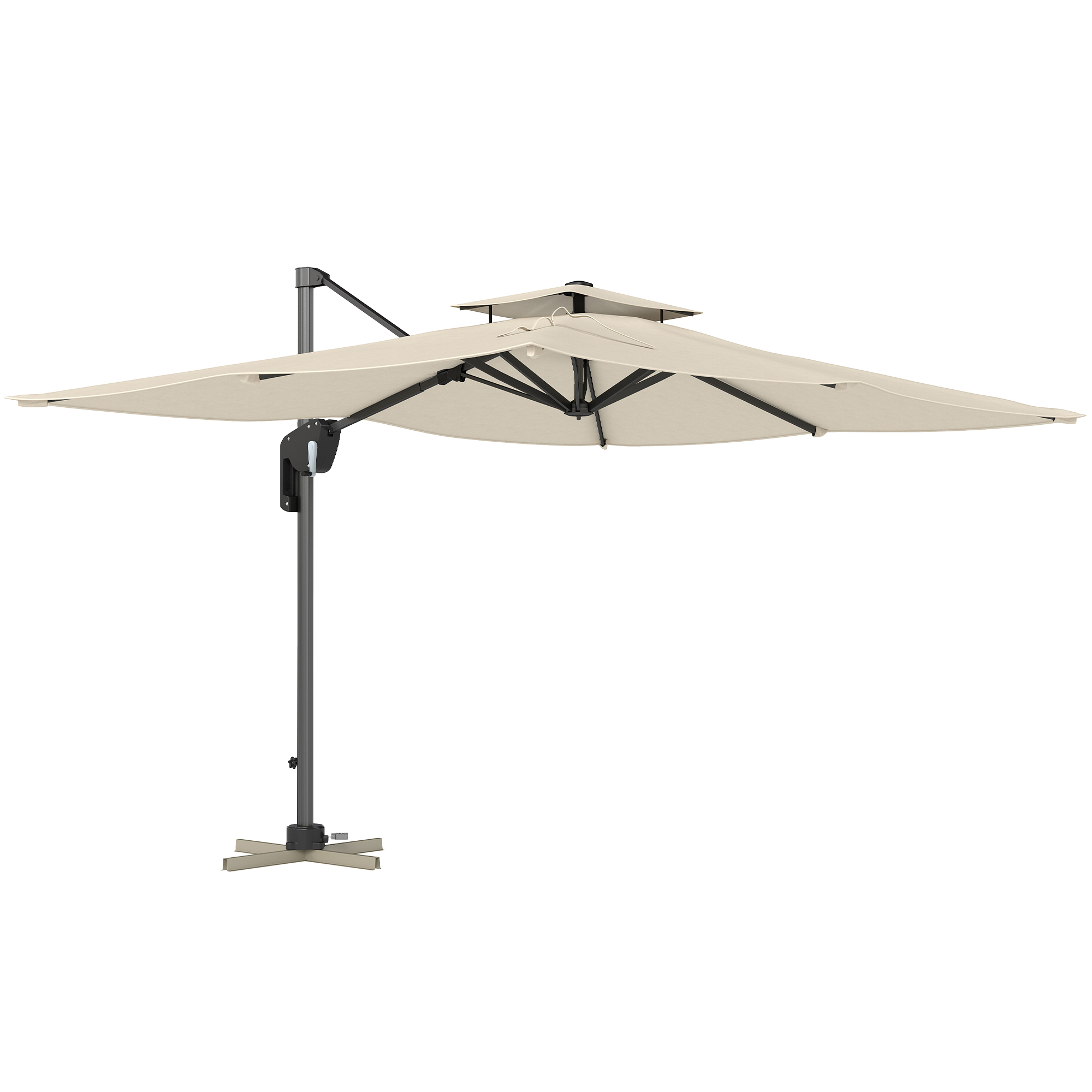Outsunny 3.7 x 2.7 m Cantilever Parasol w/ 360° Rotation and Easy Tilt Adjustment, Aluminium Hanging Offset Outdoor Umbrella w/ Double Top, Cross Base, UPF50+ Hanging Sun Shade, Black Pole