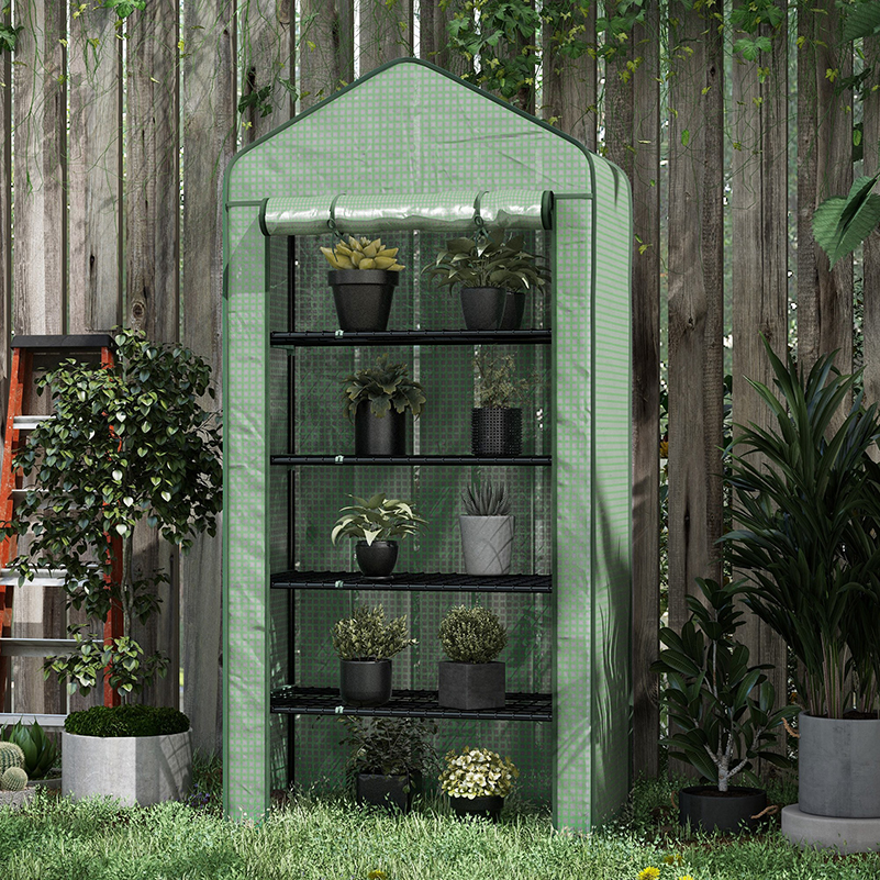 Outsunny 5 Tier Widened Mini Greenhouse with Reinforced PE Cover, Portable Indoor Outdoor Green House with Roll-up Door and Wire Shelves, 193H x 90W x 49Dcm, Green 9