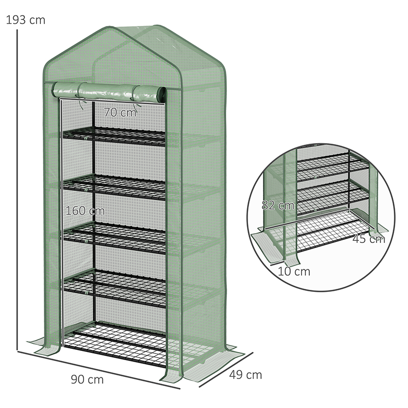 Outsunny 5 Tier Widened Mini Greenhouse with Reinforced PE Cover, Portable Indoor Outdoor Green House with Roll-up Door and Wire Shelves, 193H x 90W x 49Dcm, Green 3
