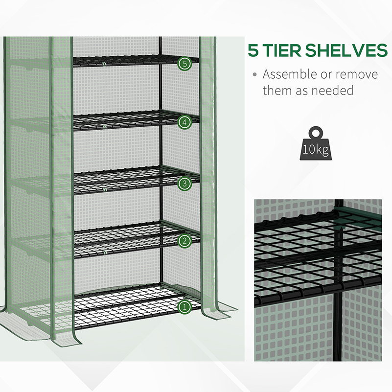 Outsunny 5 Tier Widened Mini Greenhouse with Reinforced PE Cover, Portable Indoor Outdoor Green House with Roll-up Door and Wire Shelves, 193H x 90W x 49Dcm, Green 5