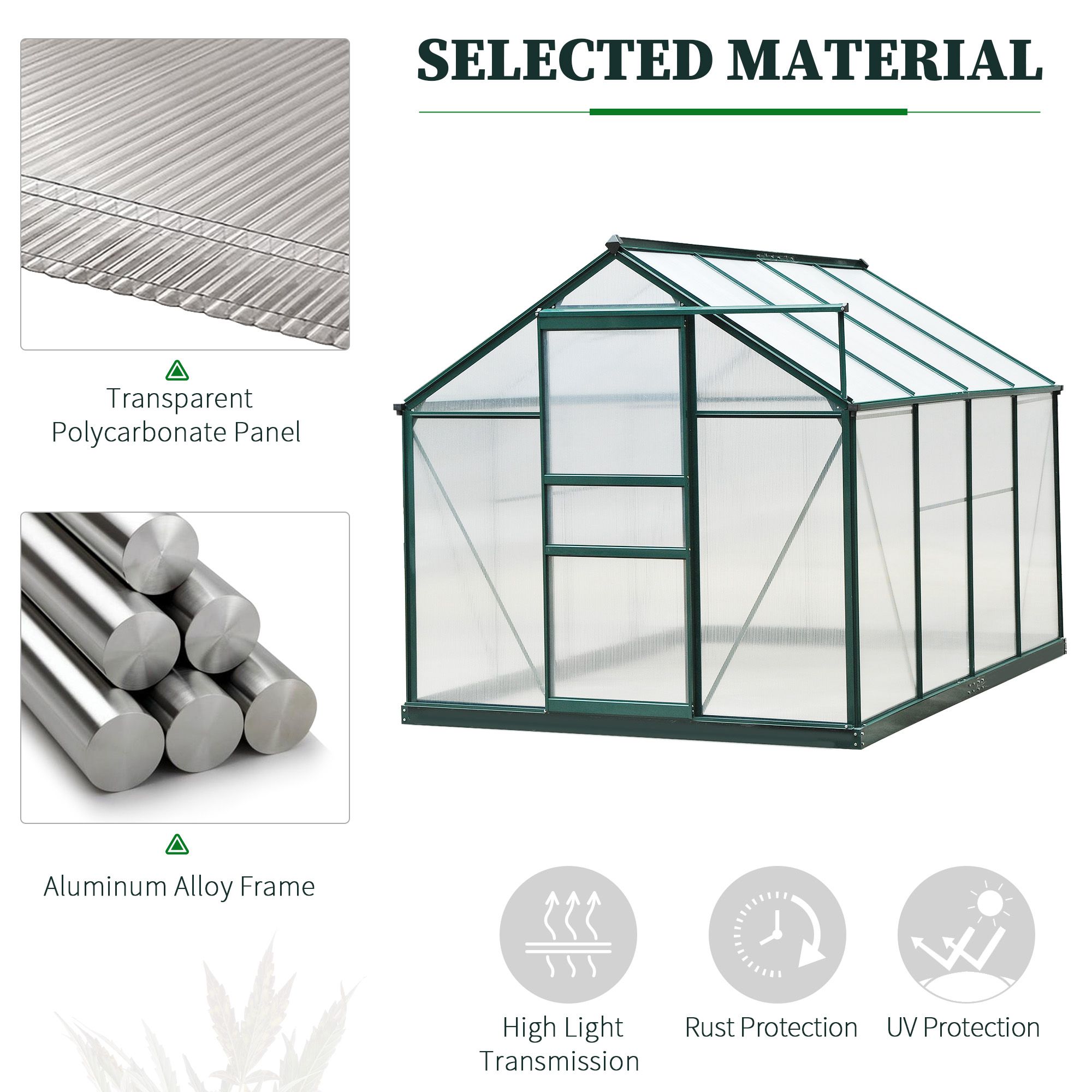 Outsunny 6 x 8ft Polycarbonate Greenhouse, Large Walk-In Green House with Slide Door and Window, Garden Plants Grow House with Aluminium Frame and Foundation, Dark Green 4