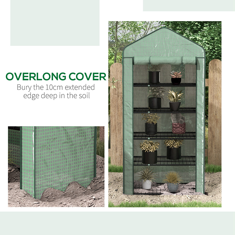 Outsunny 5 Tier Widened Mini Greenhouse with Reinforced PE Cover, Portable Indoor Outdoor Green House with Roll-up Door and Wire Shelves, 193H x 90W x 49Dcm, Green 8