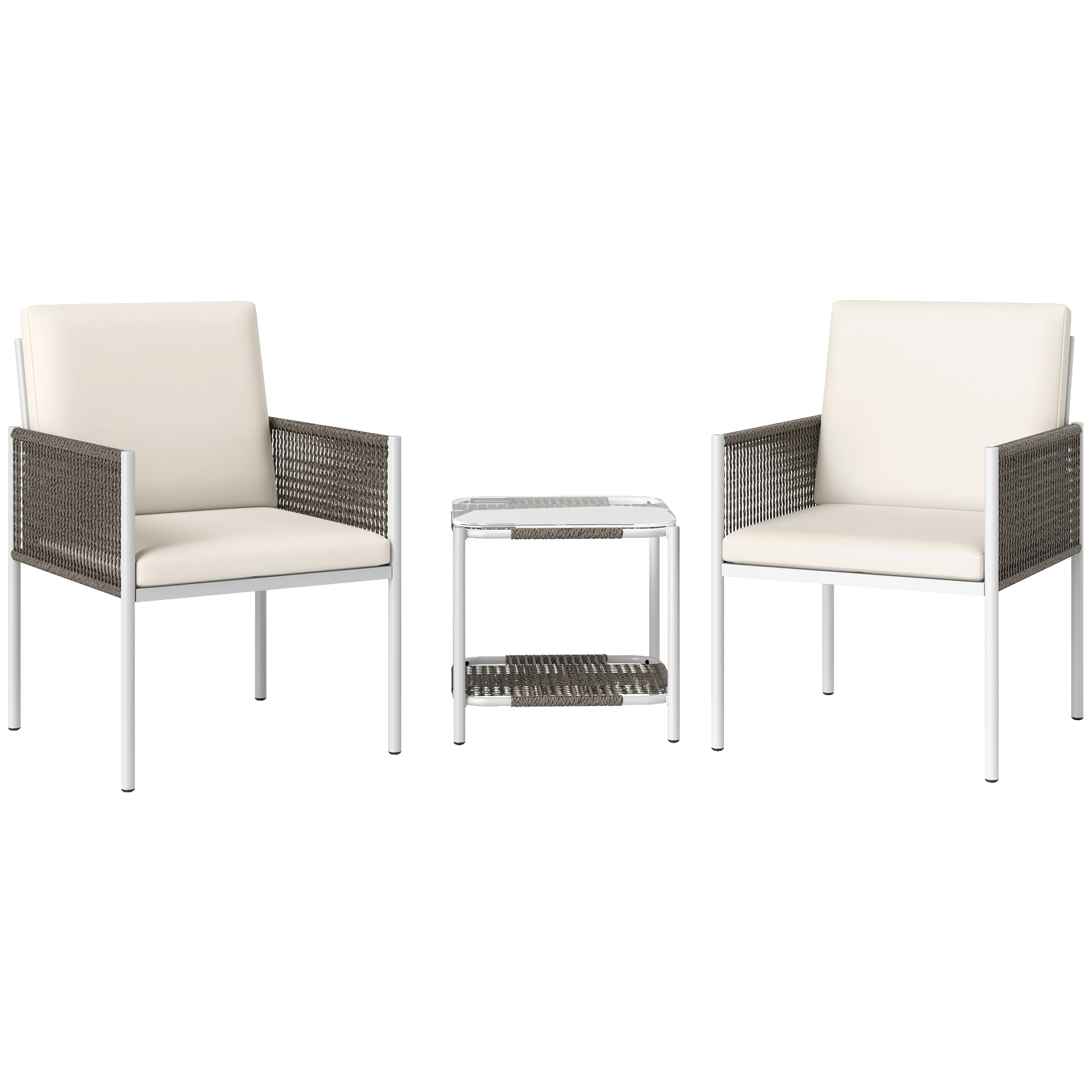 Outsunny Juego de 2 Sillas y Mesa de Ratán con Cojines Acolchados y Encimera de Vidrio para Balcón Terraza Marrón y Crema