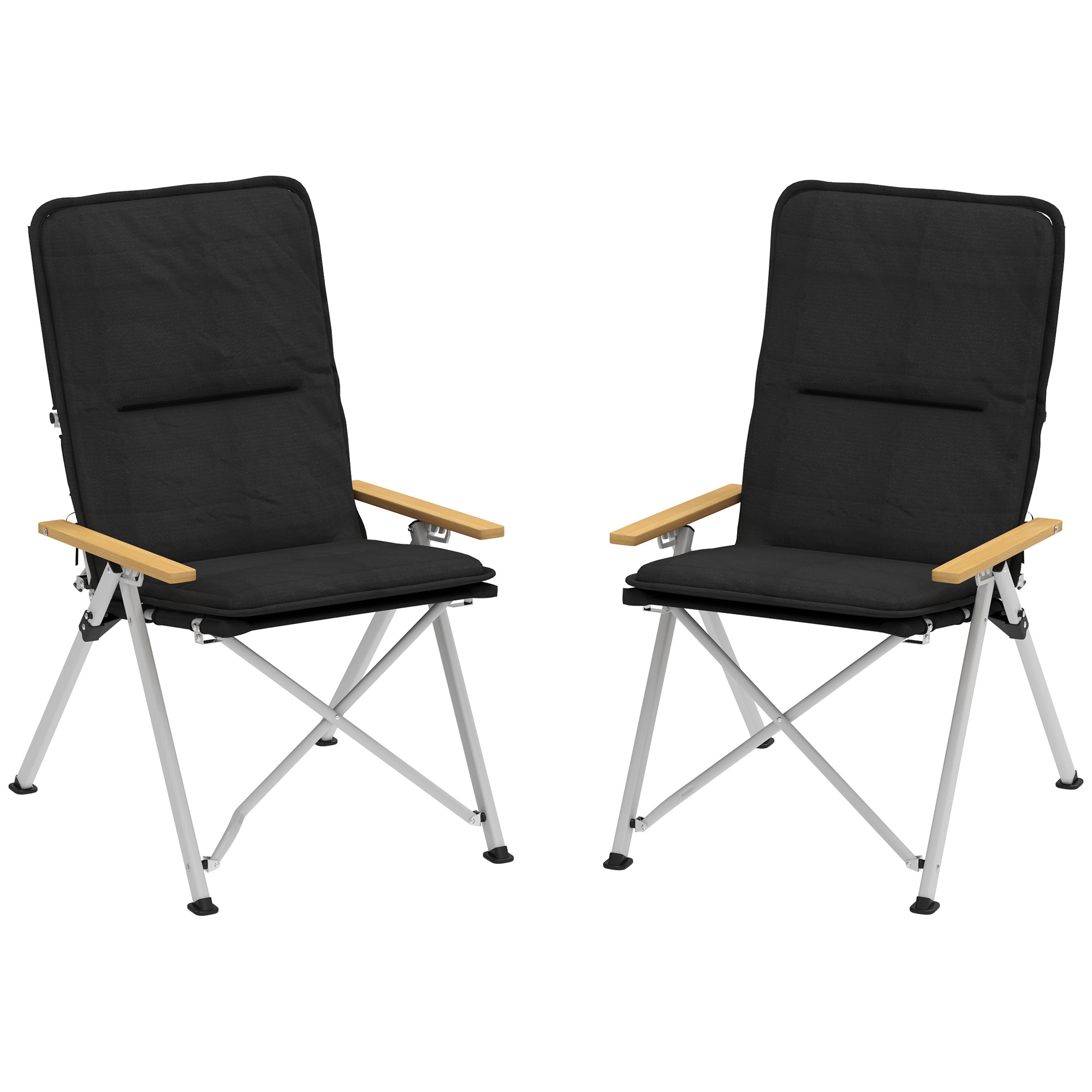 Outsunny Sillas de Camping Plegables de Aluminio con Respaldo Alto Ajustable Reposabrazos de Madera 59x67x96 cm Negro