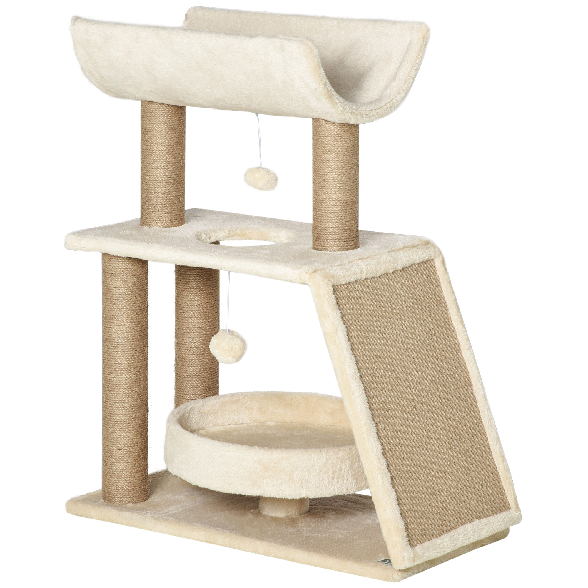 PawHut Mini Rascador para Gatos con Postes de Yute Plataforma en U Cama de Felpa y Juguetes Colgantes 60x30x76 cm Marrón Claro