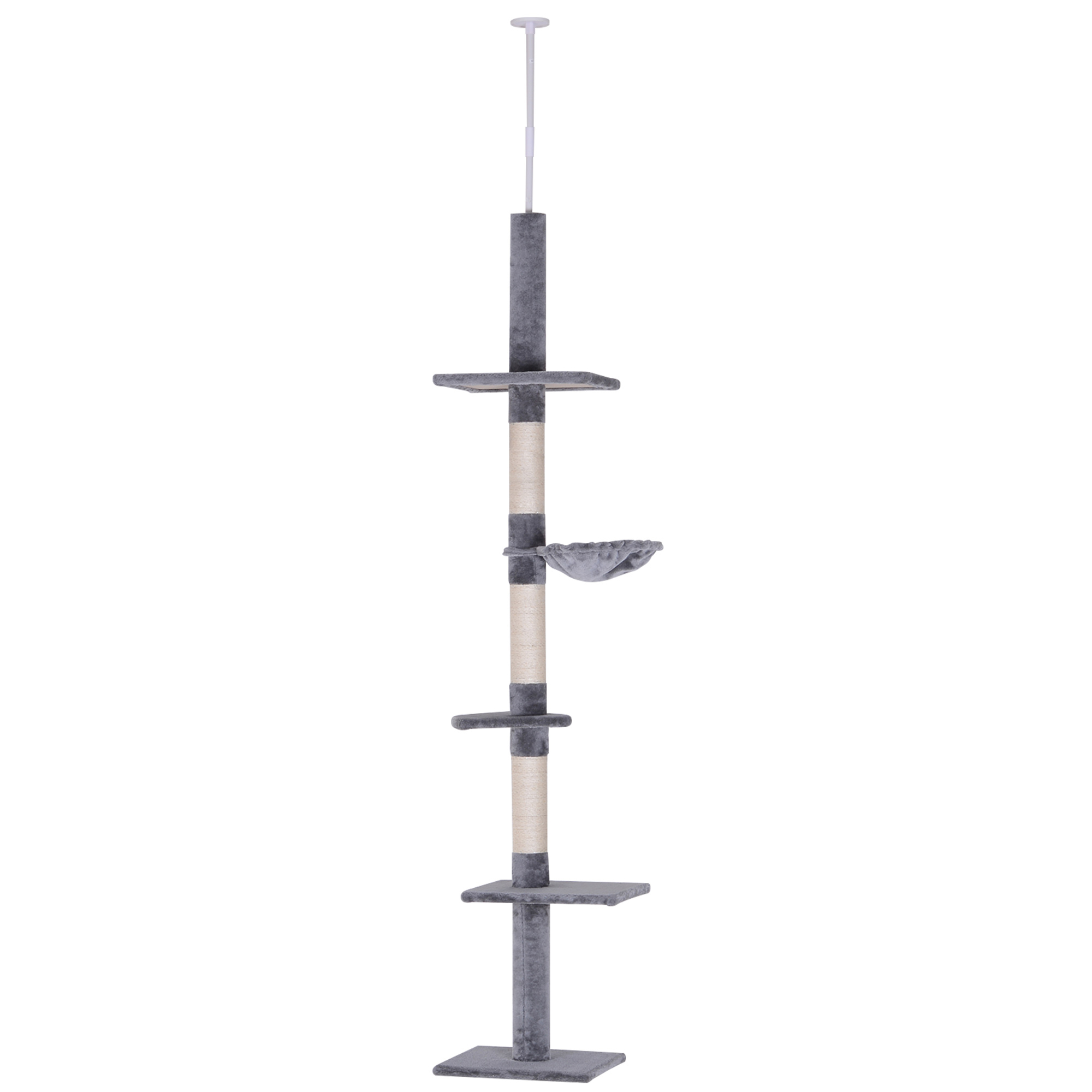 PawHut Árvore Arranhadora para Gatos Arranhador para Fixar ao Teto Altura Ajustável com Plataformas Poste de Sisal 40x34x230-260cm Cinza