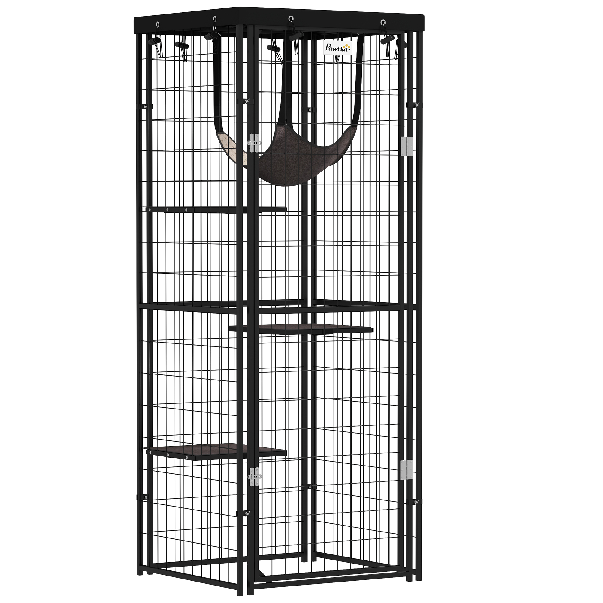 PawHut Jaula para Gatos Exterior e Interior Metálica con Cubierta Impermeable Perchas Hamaca y Puerta 61,5x55x157 cm Negro