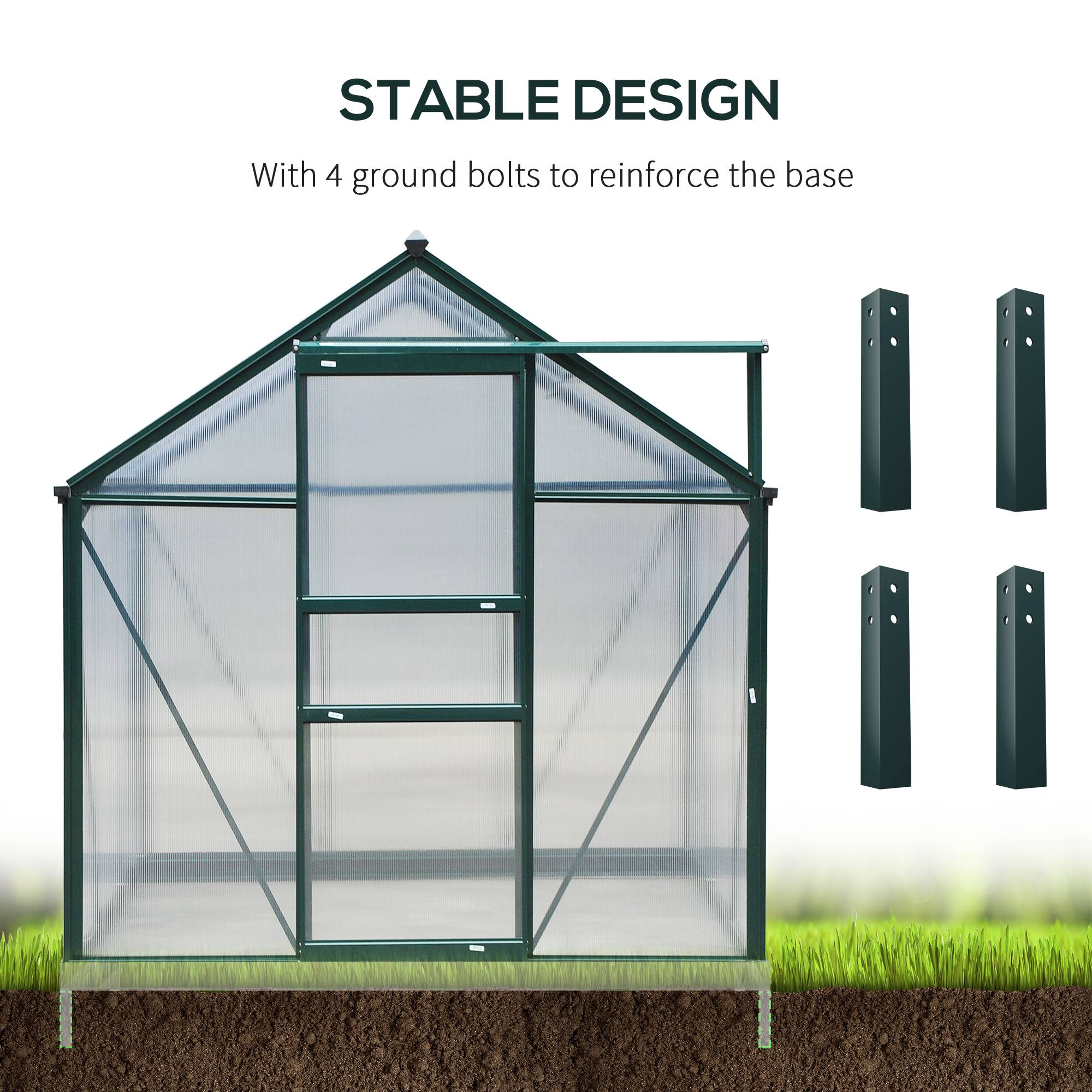 Outsunny 6 x 8ft Polycarbonate Greenhouse, Large Walk-In Green House with Slide Door and Window, Garden Plants Grow House with Aluminium Frame and Foundation, Dark Green 6