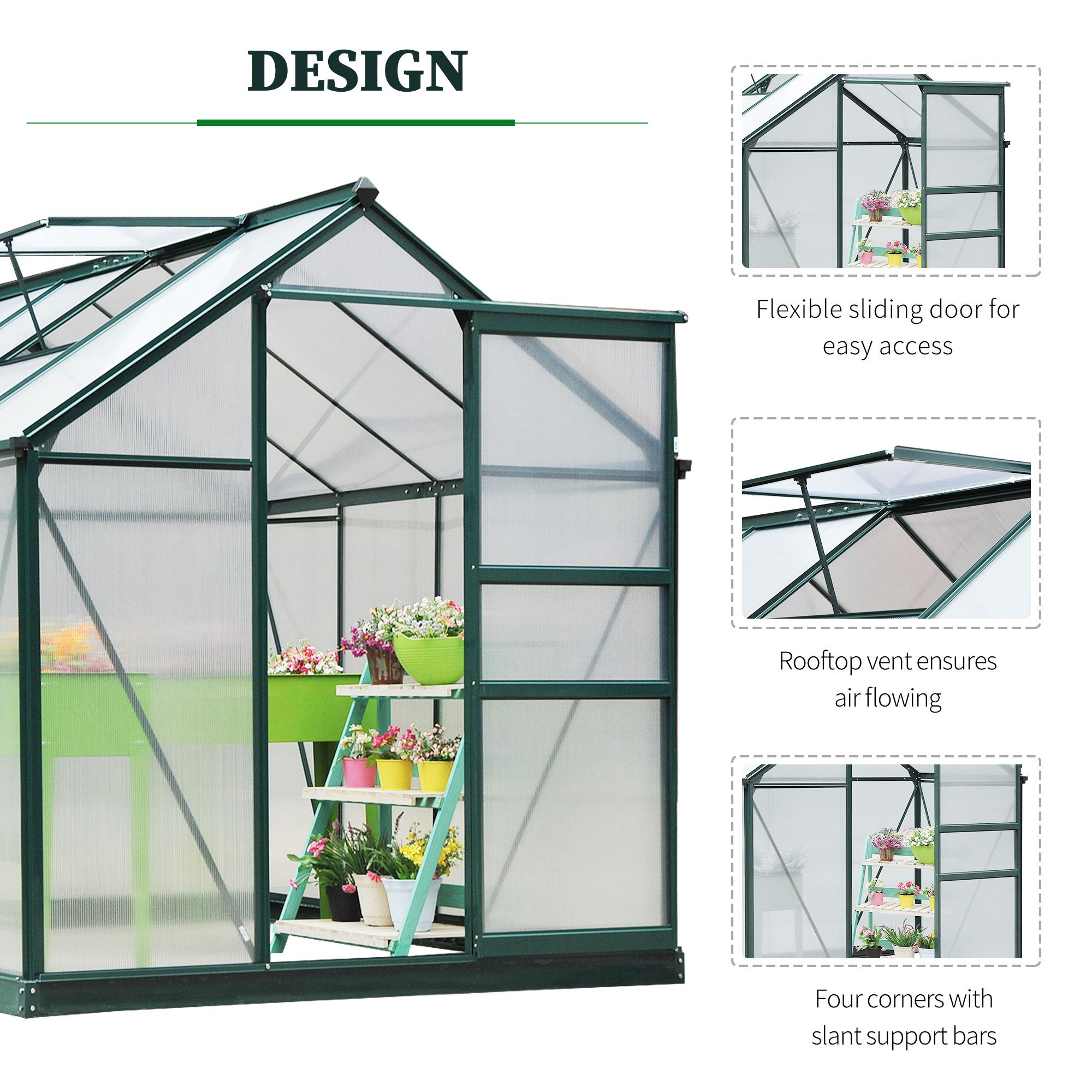 Outsunny 6 x 8ft Polycarbonate Greenhouse, Large Walk-In Green House with Slide Door and Window, Garden Plants Grow House with Aluminium Frame and Foundation, Dark Green 5