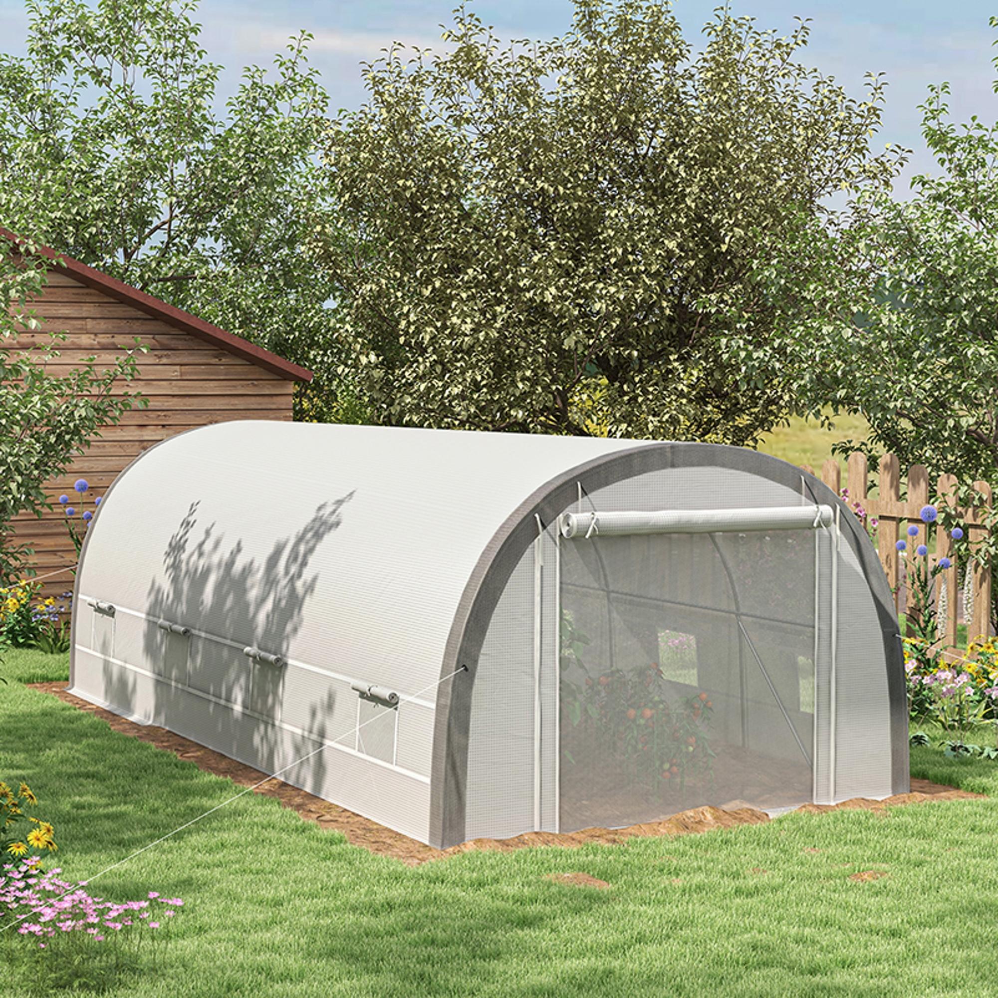 Outsunny 6 x 3(m) Polytunnel Greenhouse with Upgraded Structure, Mesh Door and Windows, 15 Plant Labels, White 2