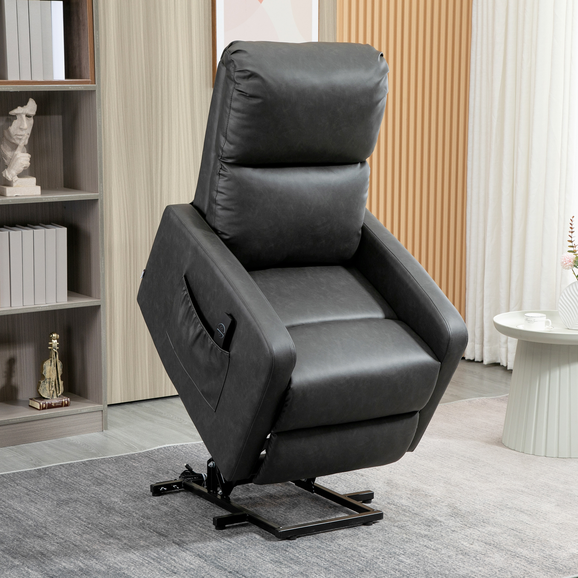 HOMCOM Riser and Recliner Chair for the Elderly, PU Leather Upholstered Lift Chair for Living Room with Remote Control, Side Pockets, Charcoal Grey 2