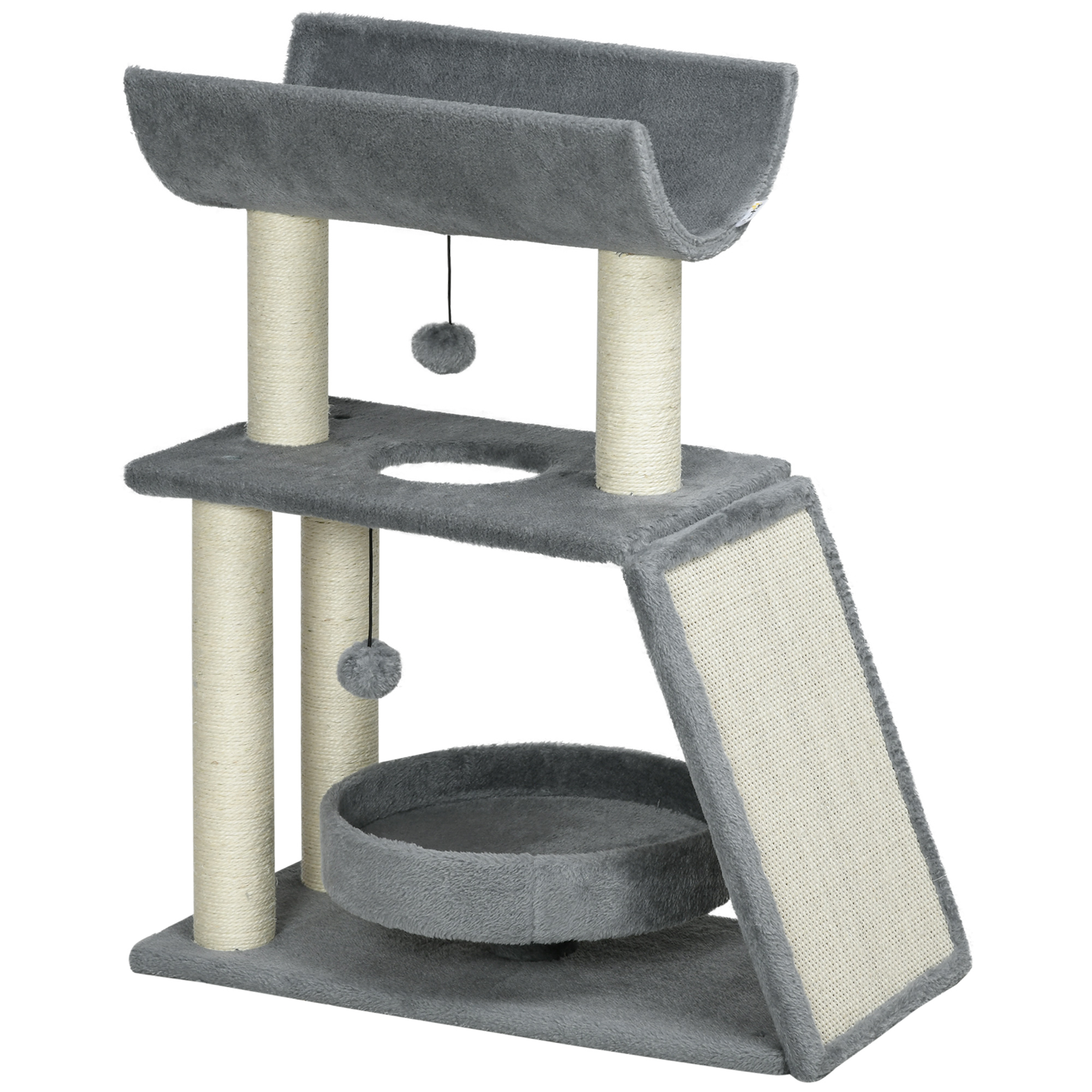 PawHut Mini Rascador para Gatos con Postes de Yute Plataforma en U Cama de Felpa y Juguetes Colgantes 60x30x76 cm Gris Claro