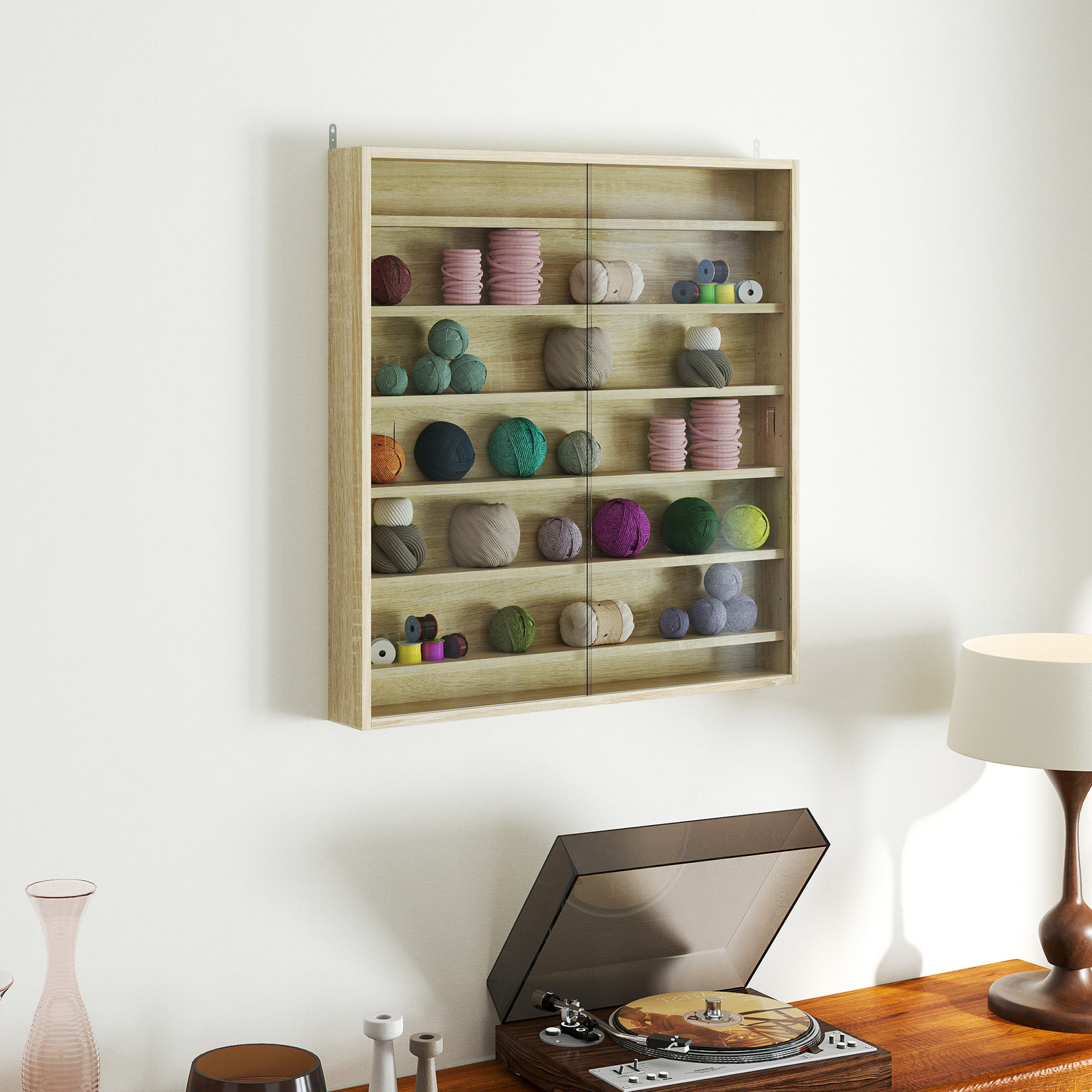 HOMCOM Six Shelf Display Cabinet, with Glass Doors Oak 2