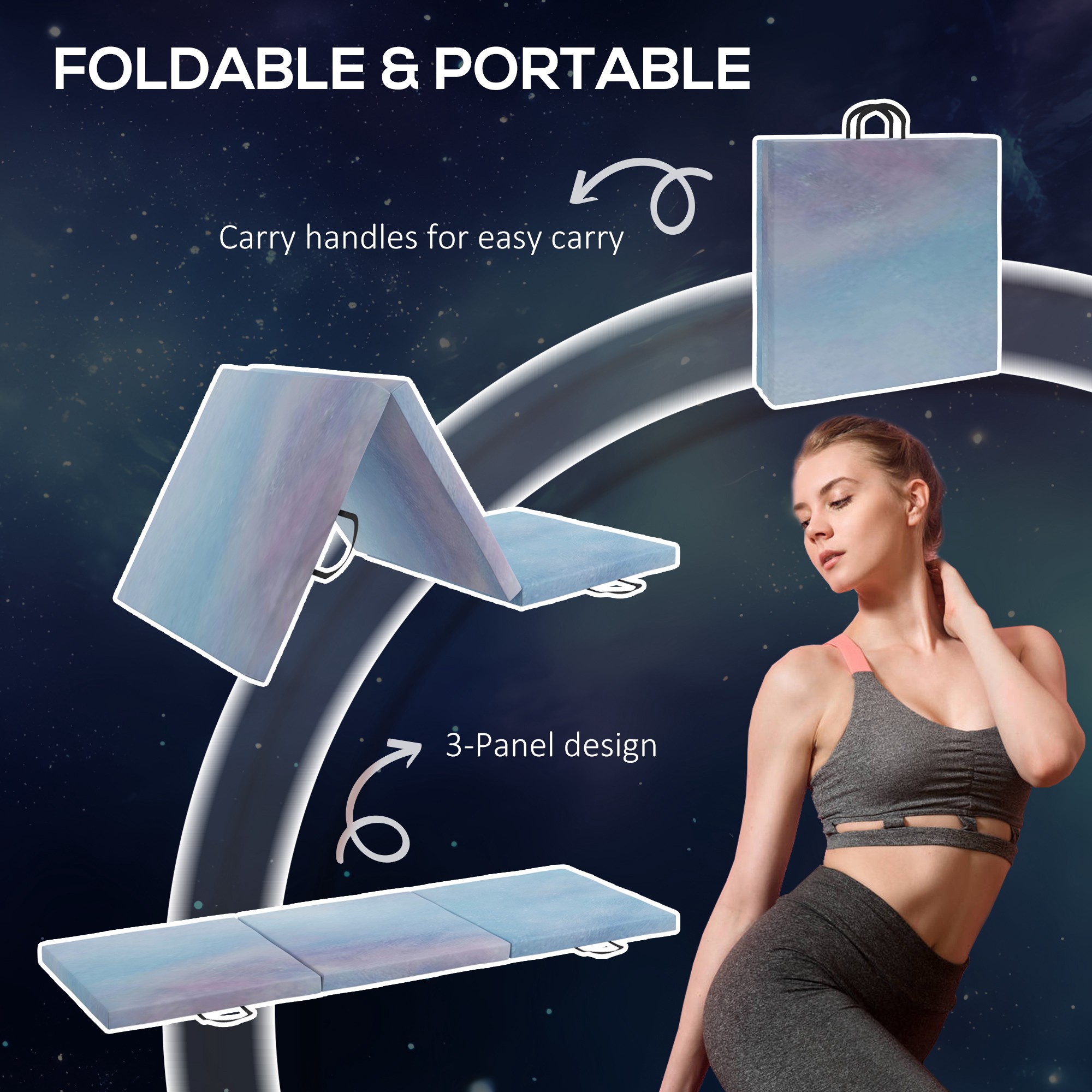 HOMCOM 6FT Foldable Gymnastics Mat, Tri-Fold 2" Thick Crash Mat with Carry Strap Handles for Home Training, Sky Blue 4