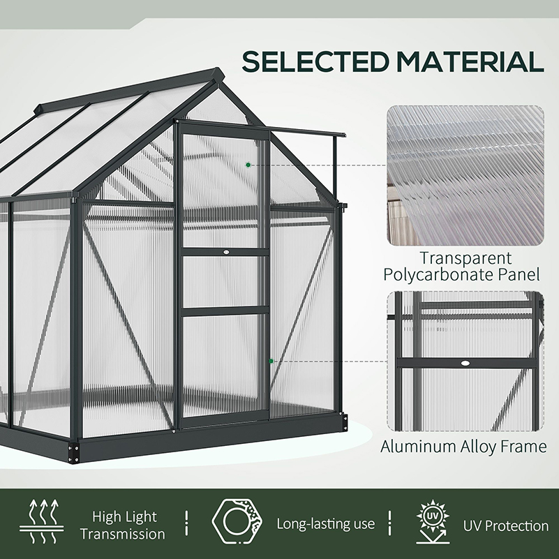 Outsunny 6 x 6ft Polycarbonate Greenhouse, Large Walk-In Green House with Slide Door and Window, Garden Plants Grow House with Aluminium Frame and Foundation, Grey 5