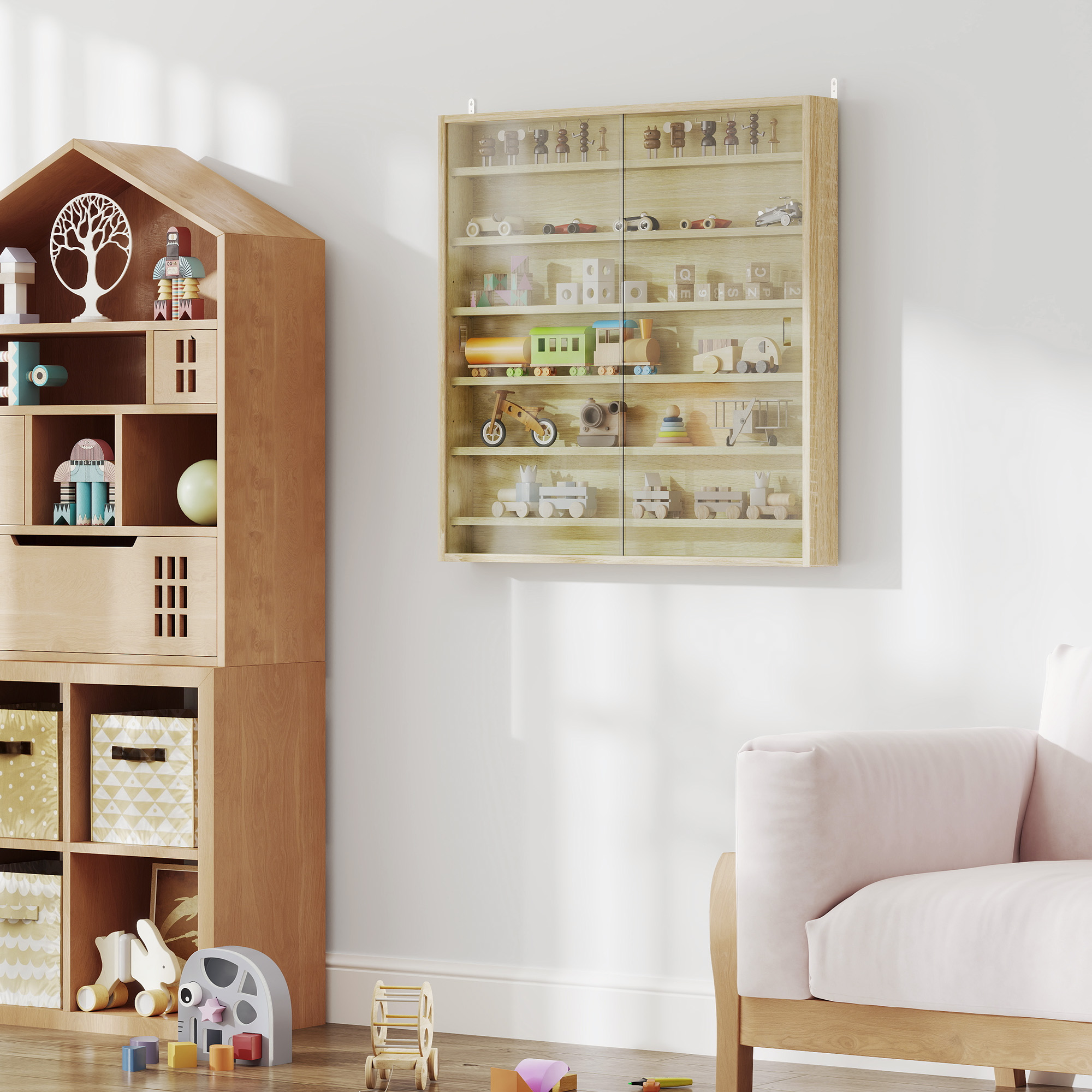 HOMCOM Six Shelf Display Cabinet, with Glass Doors Oak 9