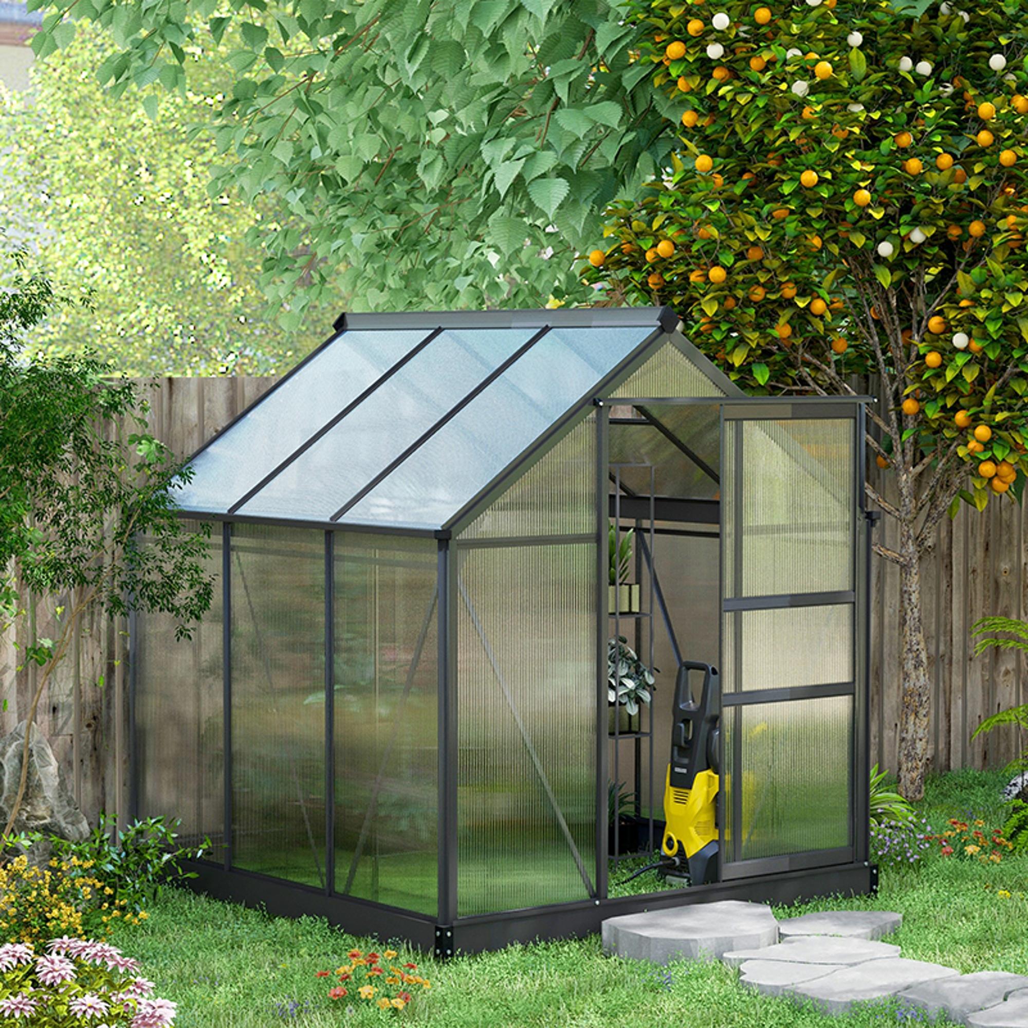 Outsunny 6 x 6ft Polycarbonate Greenhouse, Large Walk-In Green House with Slide Door and Window, Garden Plants Grow House with Aluminium Frame and Foundation, Grey 2
