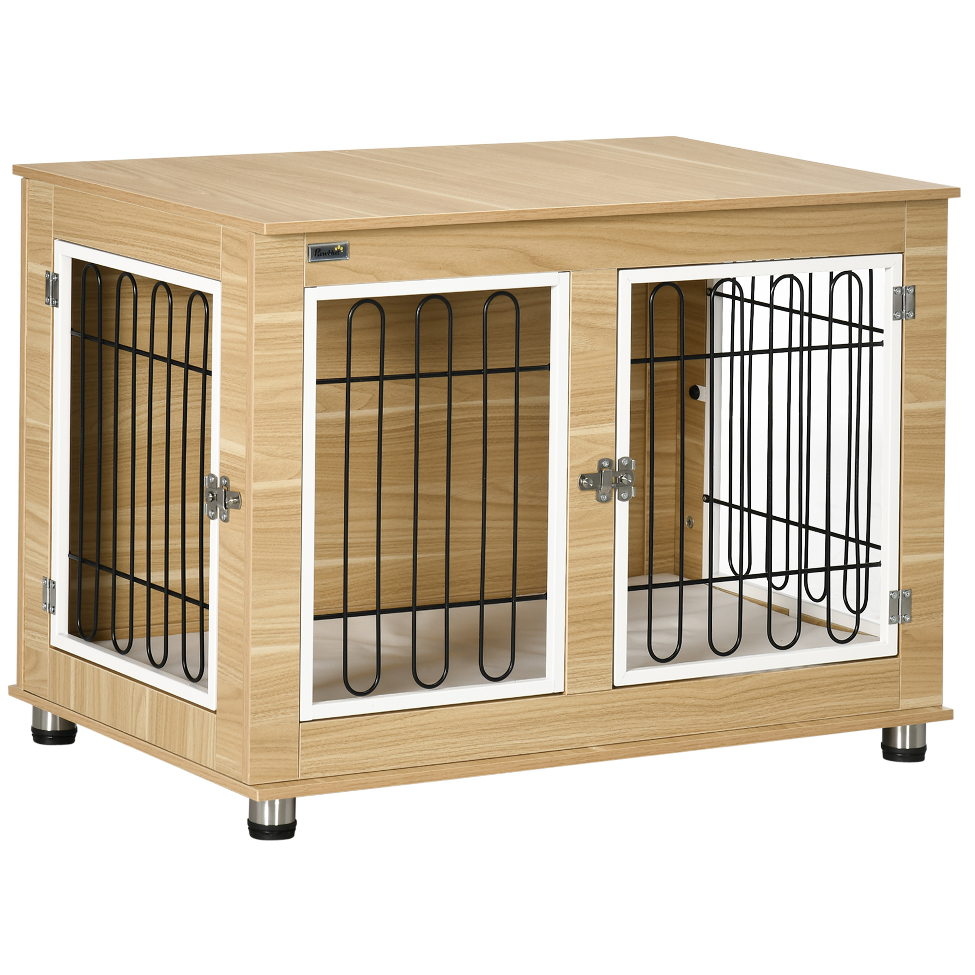PawHut Jaula de Madera para Perros con Cojín 2 Puertas y Patas Ajustables Uso como Mesa Auxiliar o Mesita de Noche 90x58x65 cm