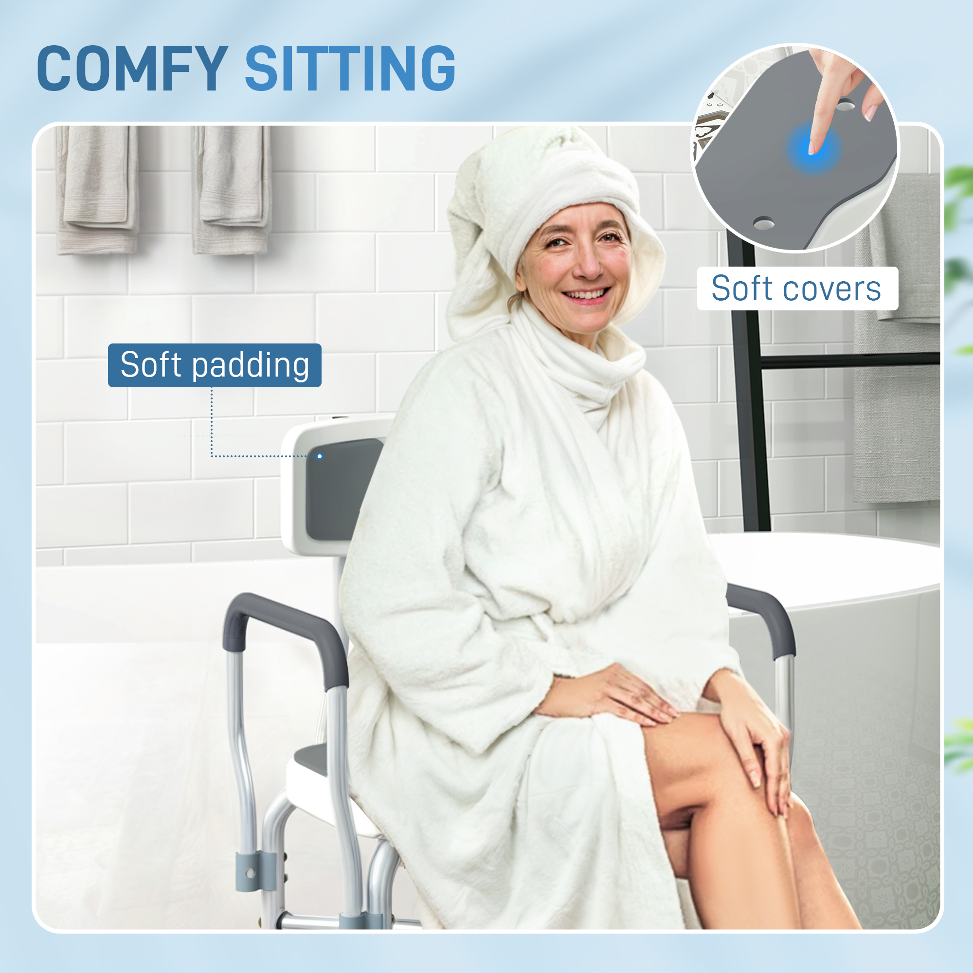 HOMCOM Shower Chair with Hygiene Cut-Out Seat and Reinforced Crossbars, Height Adjustable Padded Bath Chair with Non-slip Feet for Elderly Seniors Disabled Handicap, Tool-Free Assembly, Grey 8