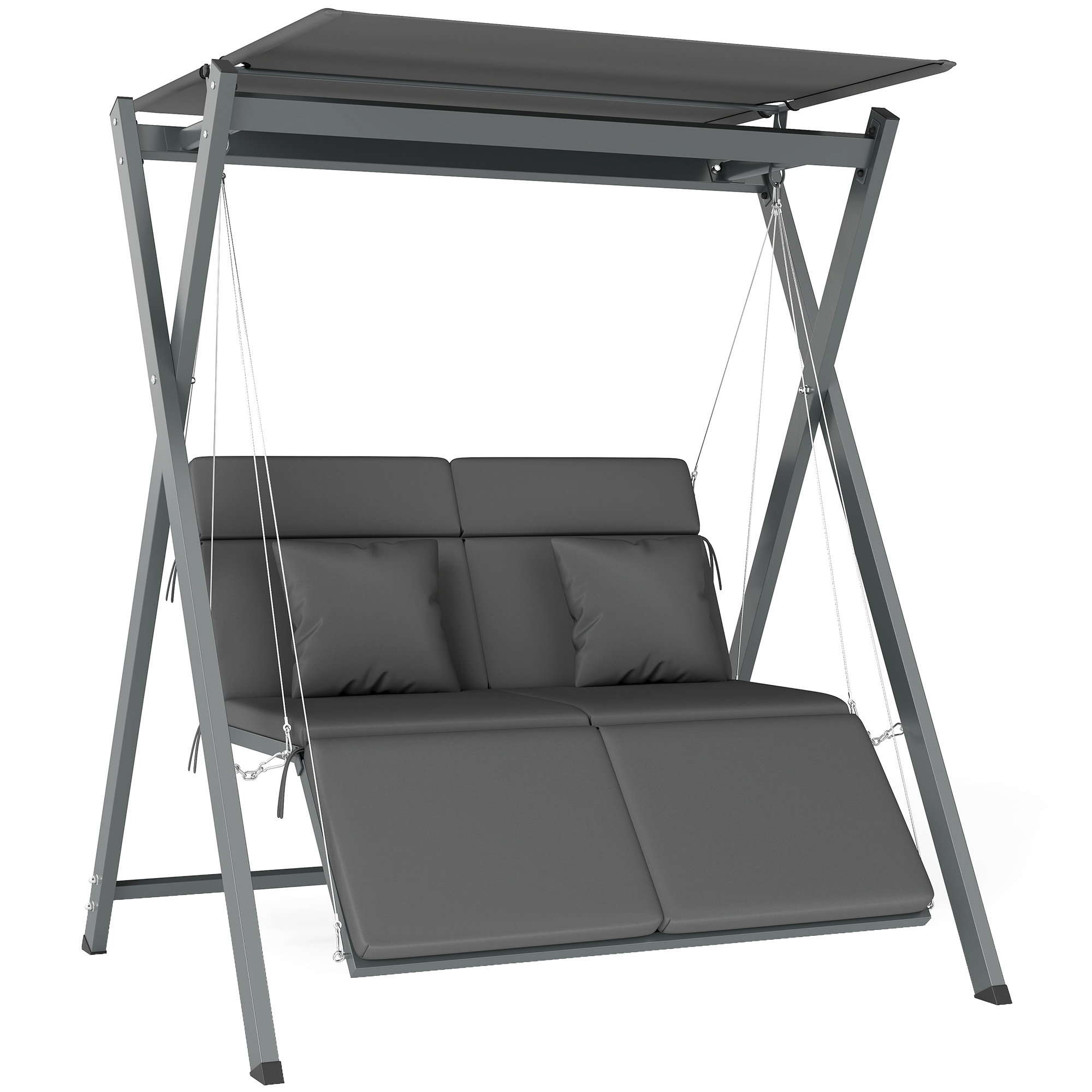 Outsunny Columpio de Jardín de 2 Plazas Convertible en Cama con Toldo Ajustable UV30+ y Cojines 142x130x168 cm Gris Oscuro