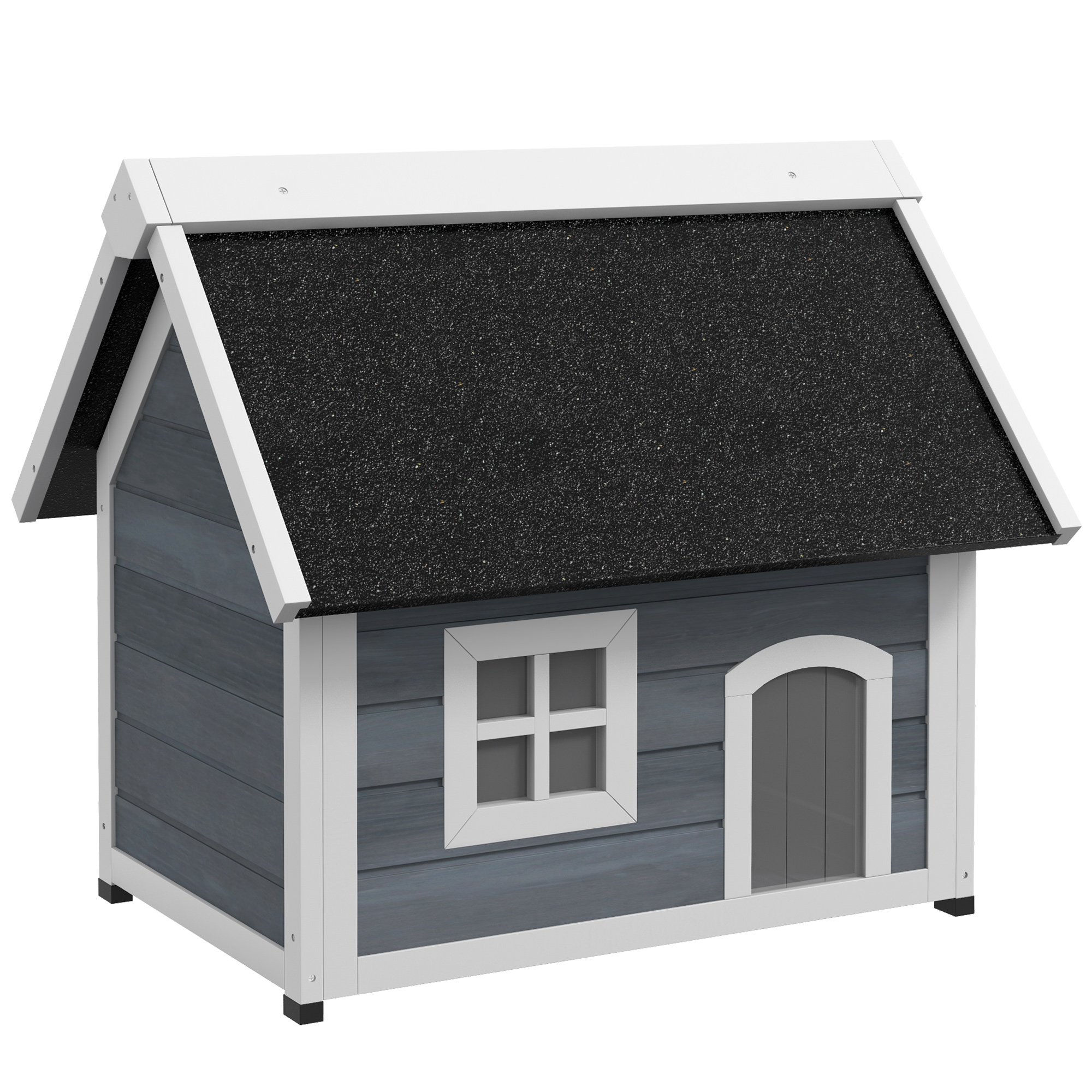 PawHut Casa para Gatos de Madera con Techo Asfáltico Abatible 3 Puertas Ventana para Exterior 77x57,5x68 cm Gris y Negro