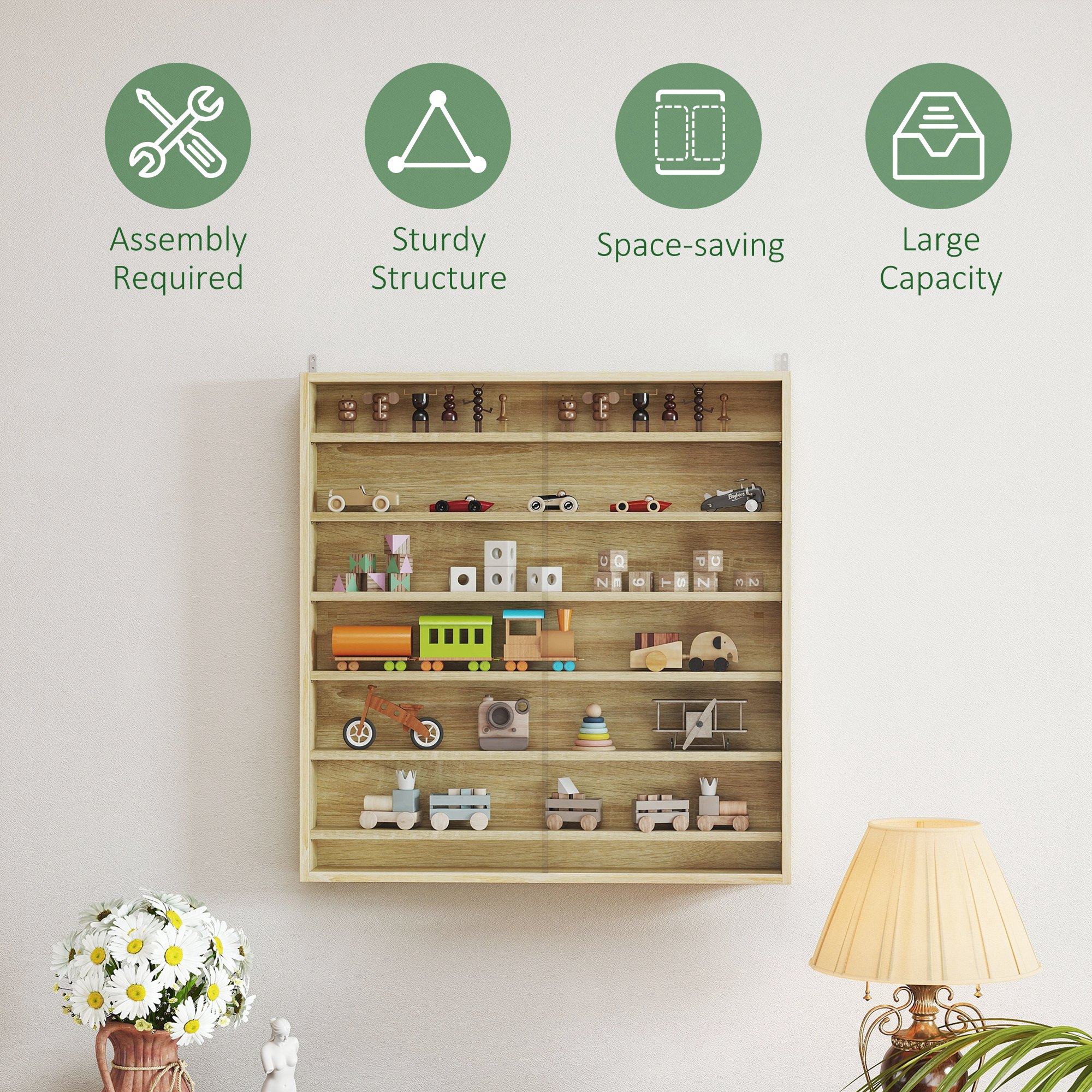 HOMCOM Six Shelf Display Cabinet, with Glass Doors Oak 6