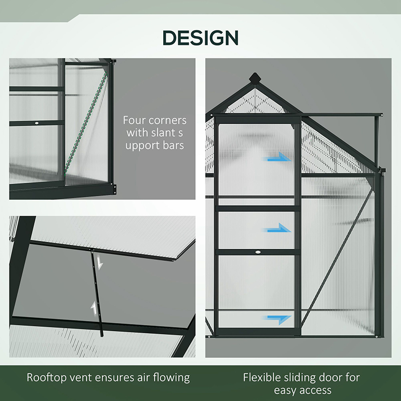 Outsunny 6 x 6ft Polycarbonate Greenhouse, Large Walk-In Green House with Slide Door and Window, Garden Plants Grow House with Aluminium Frame and Foundation, Grey 4