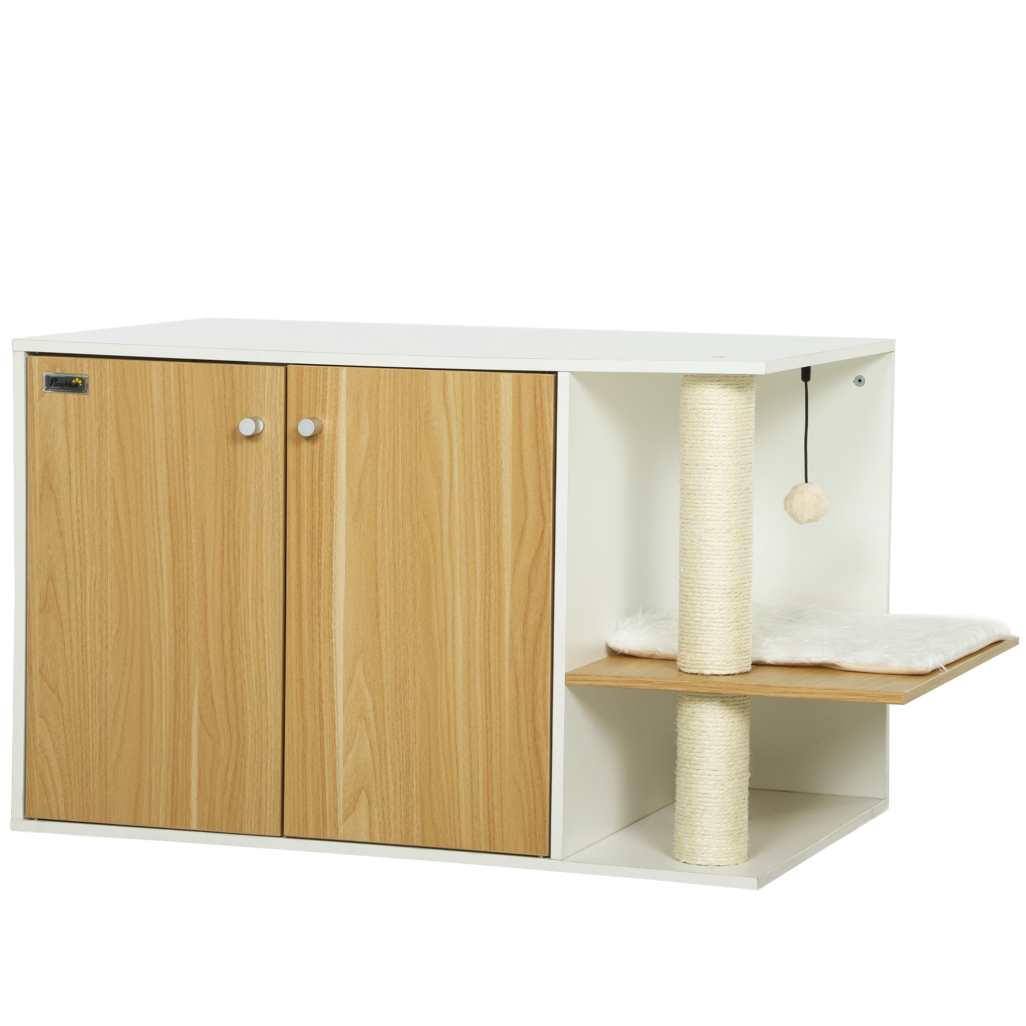 PawHut Mueble Arenero para Gatos con Centro de Juegos Cojín Pelota Puerta Lateral y Patas Antideslizantes 94x48x50,5cm Blanco