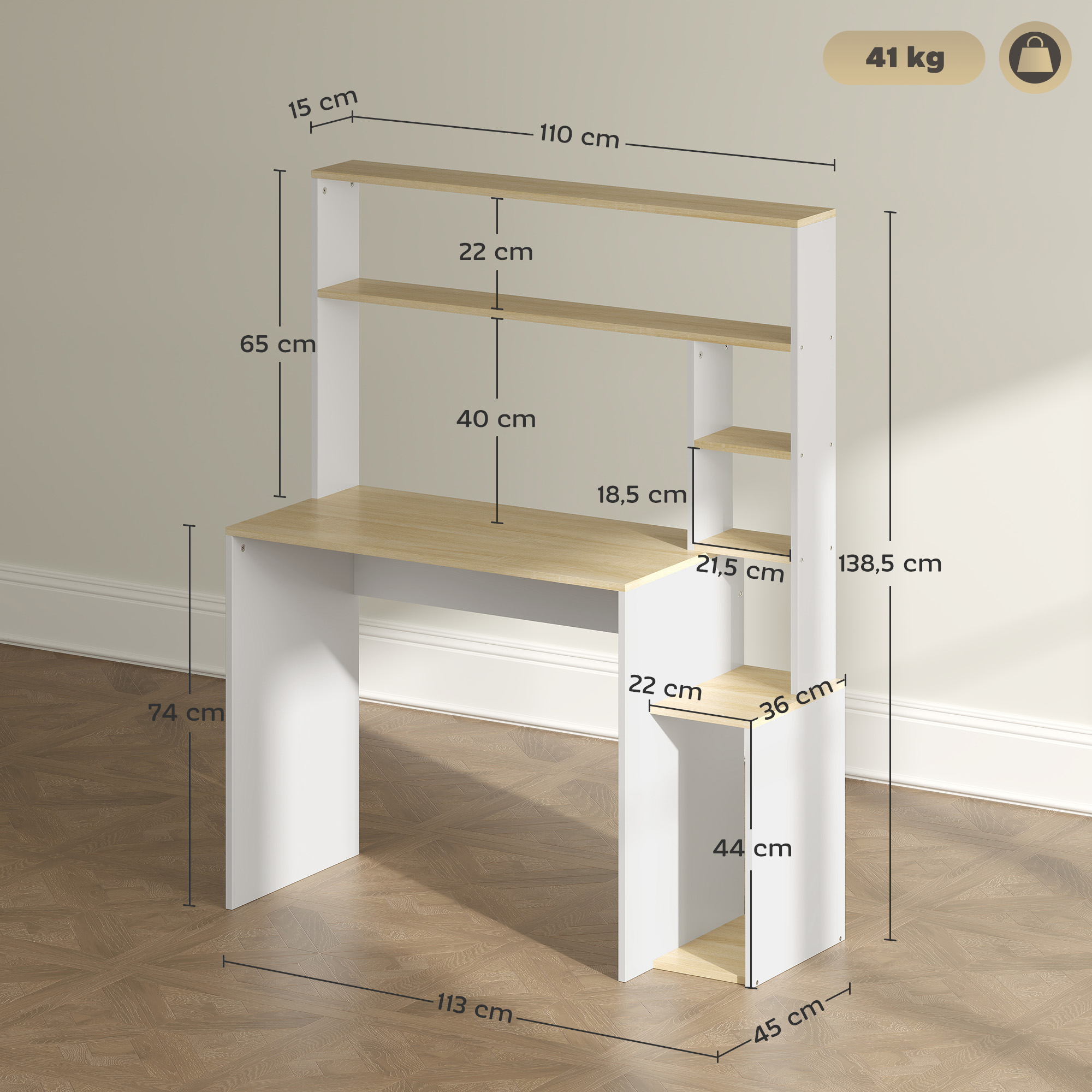 HOMCOM Inklapbaar computerbureau, bureau met opslag, inklapbare wandtafel met bibliotheek, werkstation, krijttafel en verstelbare plank, wit