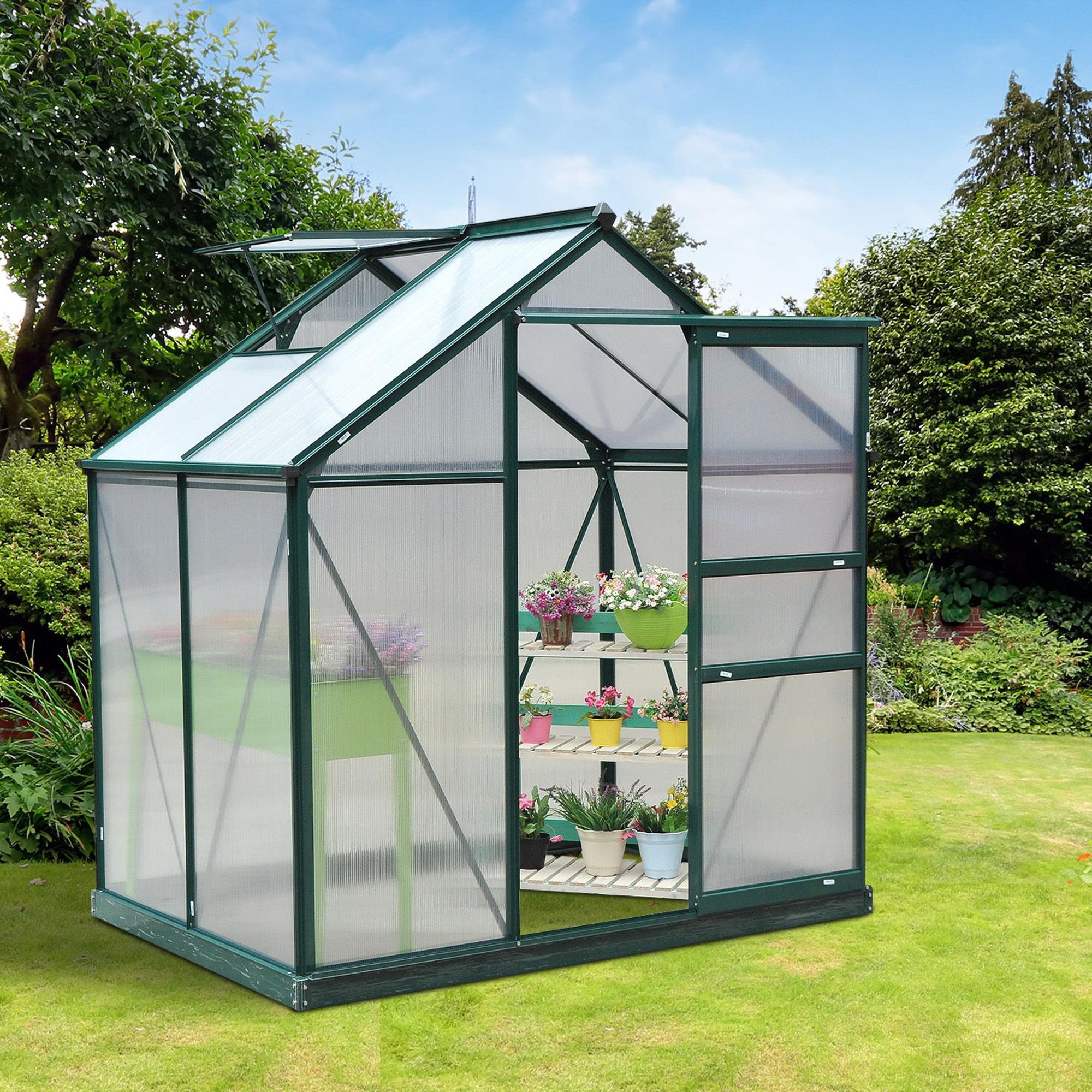 Outsunny 6 x 4ft Polycarbonate Greenhouse, Large Walk-In Green House with Slide Door and Window, Garden Plants Grow House with Aluminium Frame and Foundation, Dark Green 2
