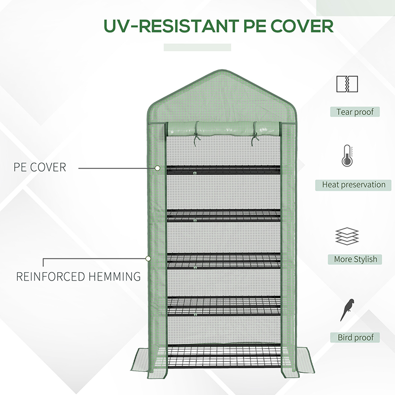 Outsunny 5 Tier Widened Mini Greenhouse with Reinforced PE Cover, Portable Indoor Outdoor Green House with Roll-up Door and Wire Shelves, 193H x 90W x 49Dcm, Green 6
