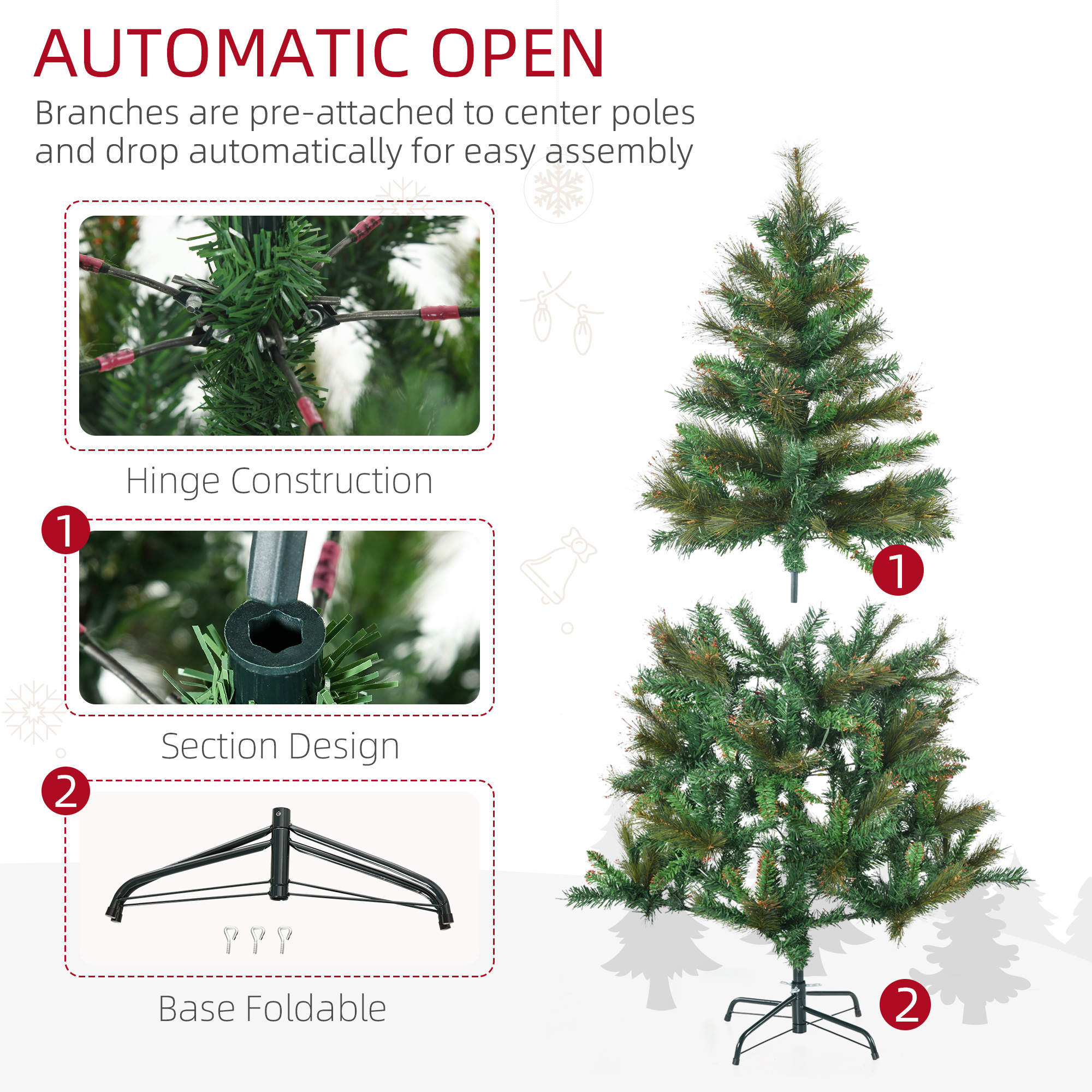 HOMCOM 1.5m 5ft Pre-Lit Christmas Tree Artificial Spruce Xmas Tree Warm White LED Holiday Décor with Metal Stand 6